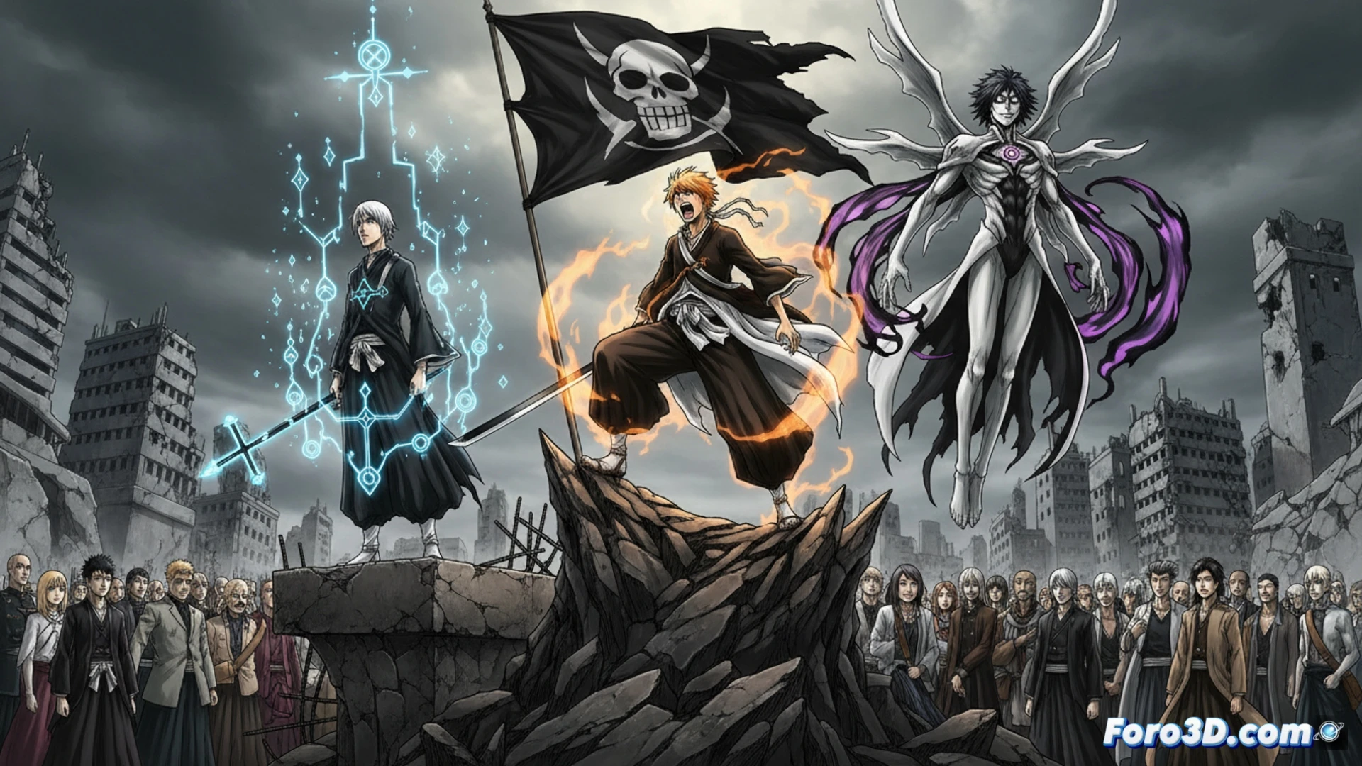 Un guerrero frente a ejércitos, su espada irradia poder mientras palabras de batalla flotan en el aire cargado.