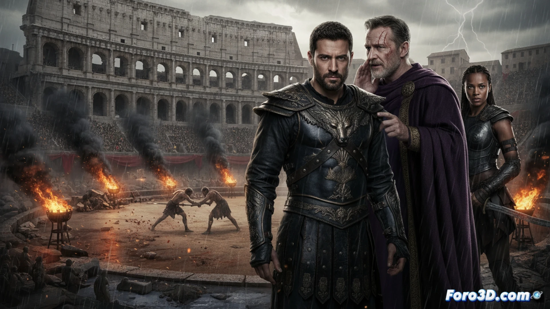 Una arena colosal repleta de espectadores, con gladiadores luchando bajo efectos de fuego y sangre digitales, en un tono visual oscuro y épico.