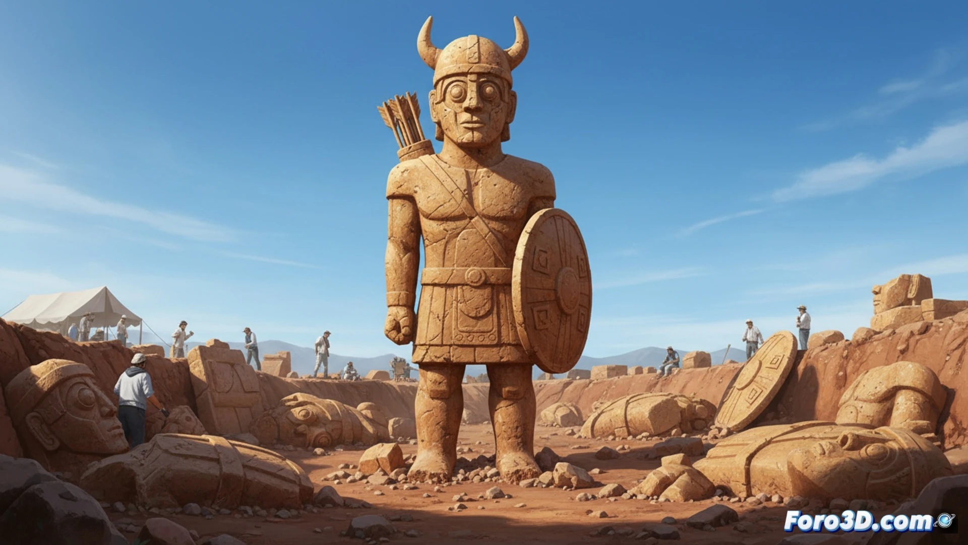 Estatua rota de un guerrero nurágico, emergiendo de la tierra árida de Mont'e Prama.