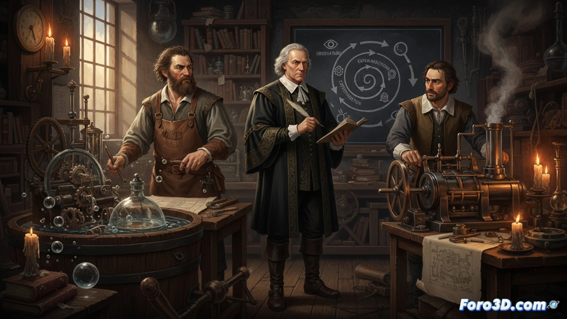 Un ingeniero del siglo XVII ajusta un complejo mecanismo en su taller, rodeado de planos y herramientas.