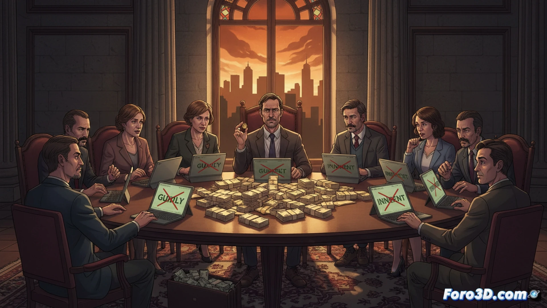 Nueve personas sentadas en un tribunal, con sobres de dinero sobre la mesa y un juez observando, bajo una luz tenue.