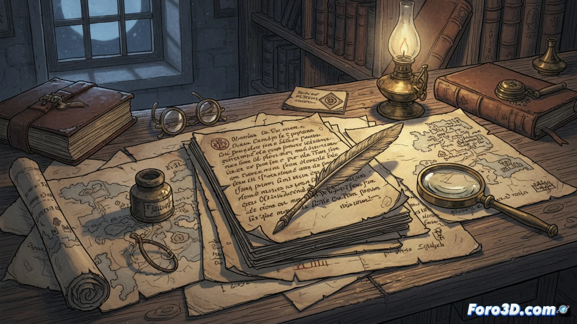 Un escritorio abarrotado de manuscritos, notas y libros antiguos, con el borrador de El nombre de la rosa lleno de correcciones y diagramas laberínticos.