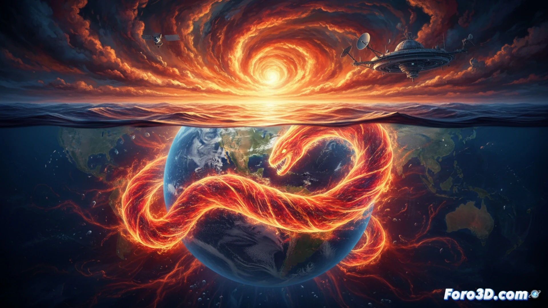 Océano cálido con termómetro alto y sol intenso, reflejando calor récord.