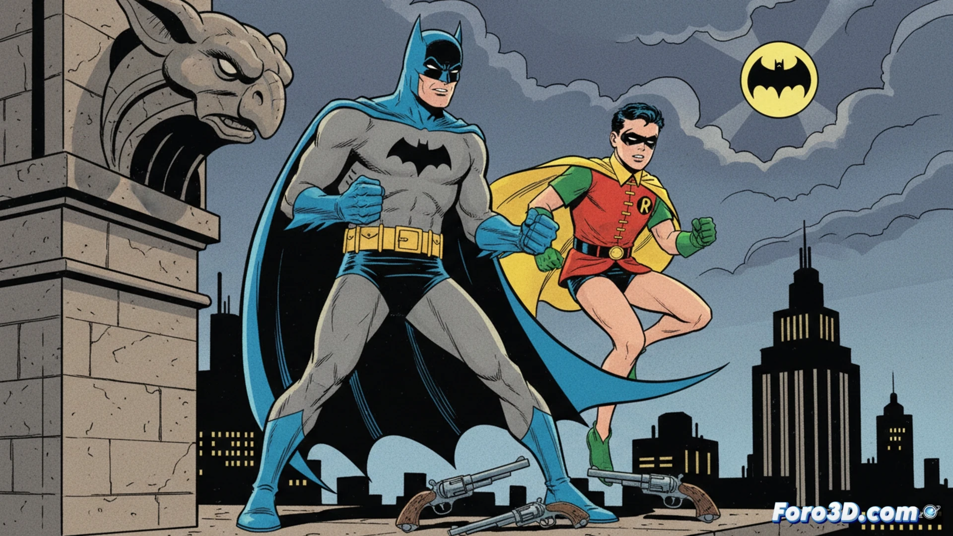 Una silueta de Batman en Gotham nocturna, con viñetas de cómic borrosas a sus espaldas, simbolizando los retcons que redefinieron su esencia heroica.