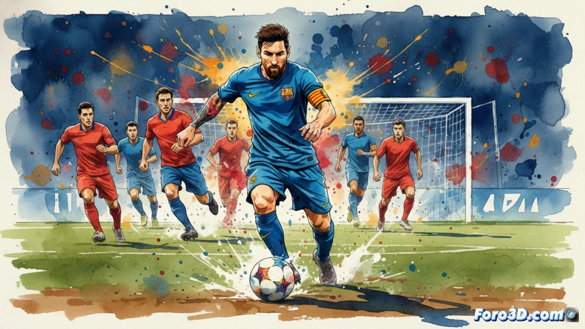 Un artista pinta con acuarela la tensión y pasión de una jugada de fútbol, priorizando la emoción sobre el realismo.