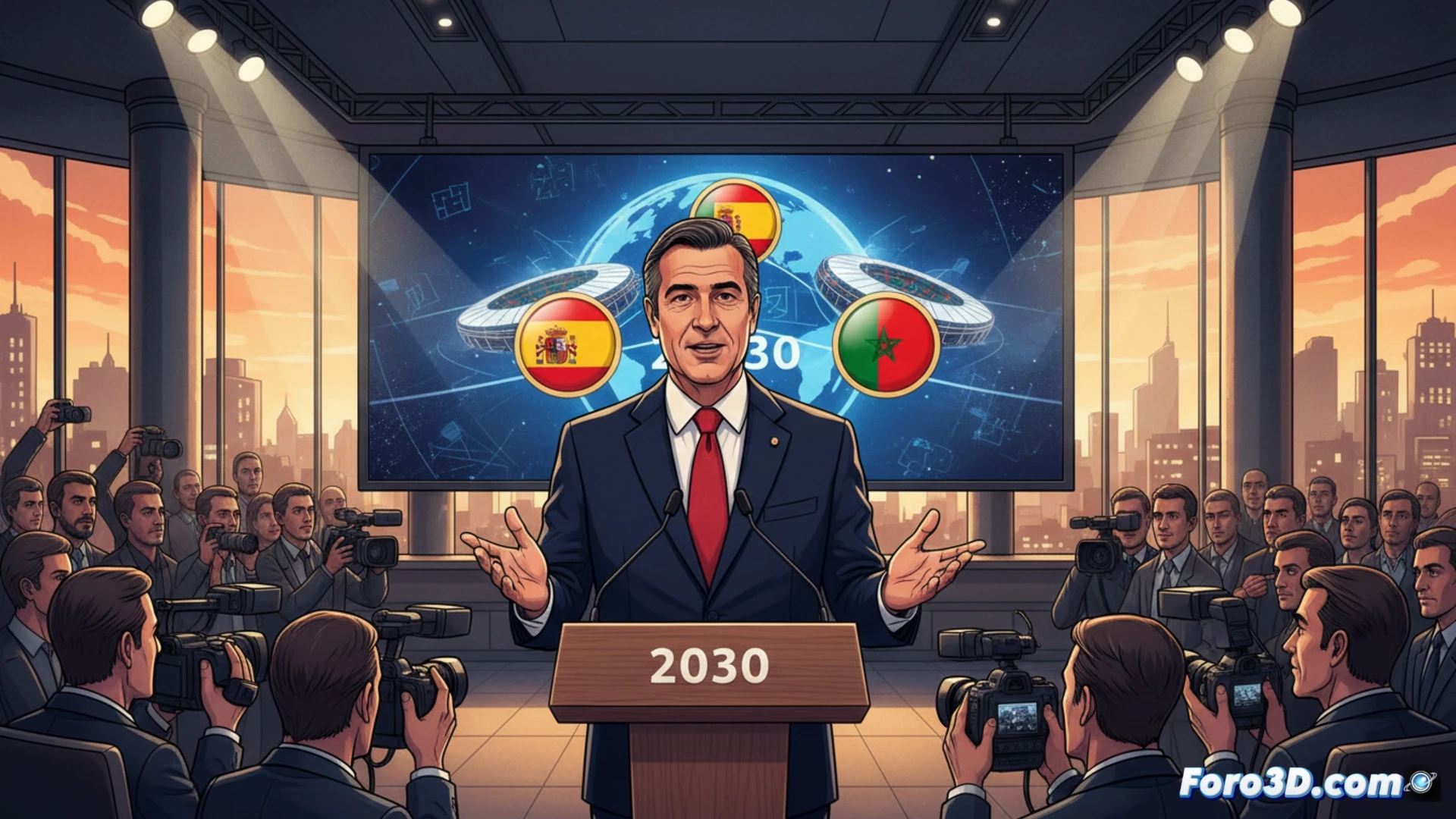 Rafael Louzán, presidente de la RFEF, señala un mapa del Mundial 2030 con España, Portugal y Marruecos, ante un estadio lleno y banderas.