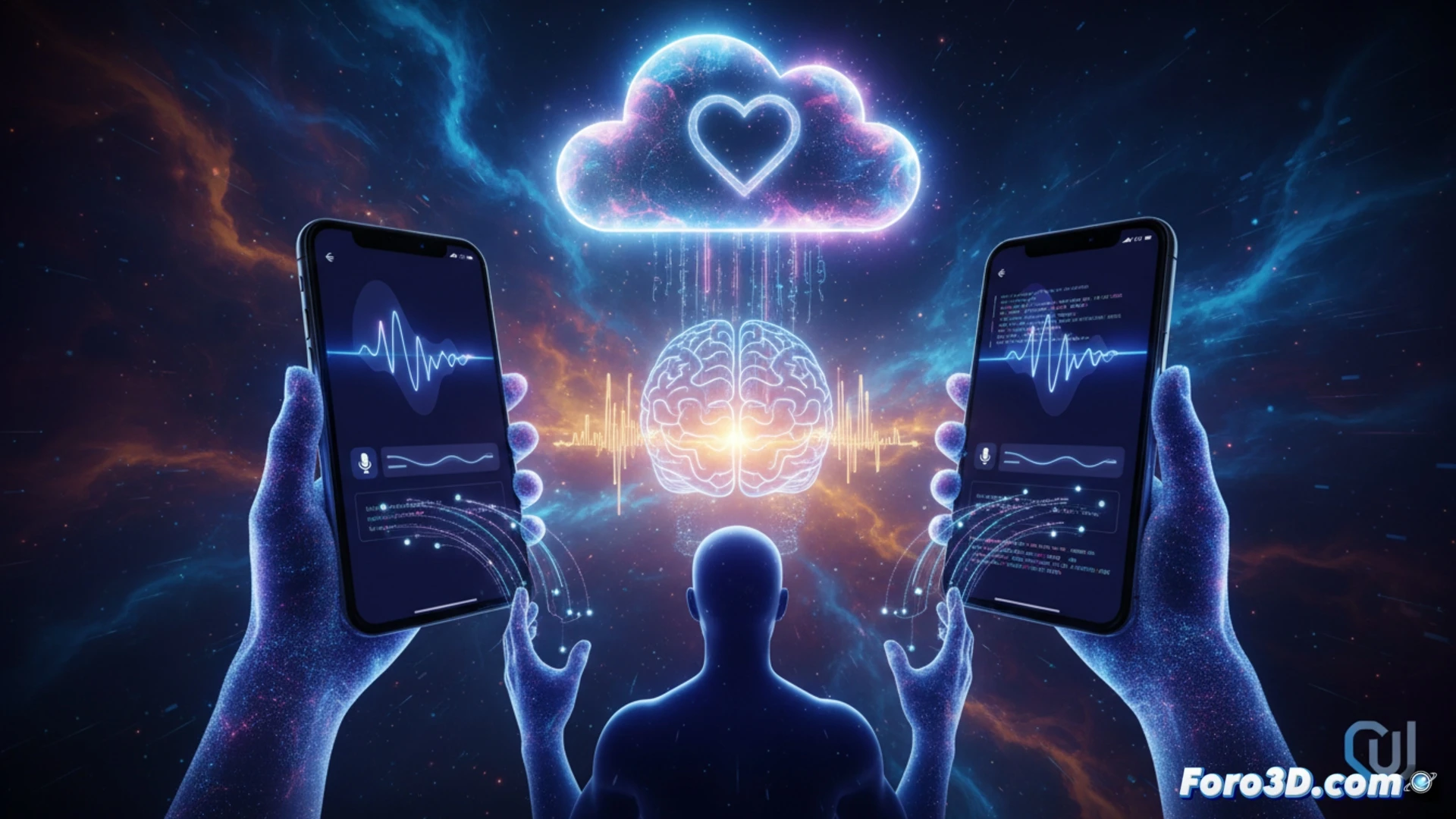 Una mano sostiene un iPhone mostrando una app de Lovable, con burbujas de voz y texto. Al fondo, logos tachados de Apple, Replit y Vibecode. Estilo moderno y dinámico.