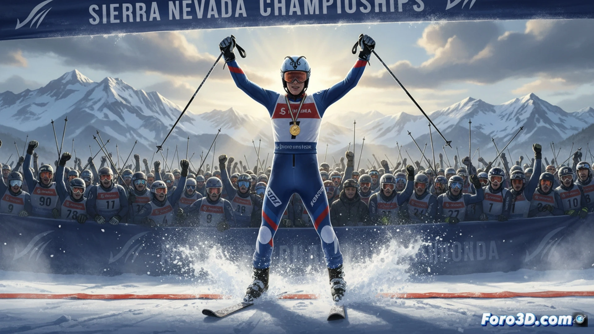 Un esquiador desciende veloz por la pista de skicross, sorteando baches y saltos bajo un cielo azul en Sierra Nevada.