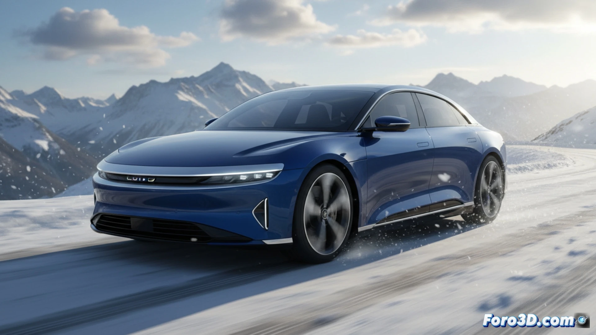 Un sedán eléctrico elegante y aerodinámico, de líneas puras y faros delgados, destacado en un entorno urbano moderno.