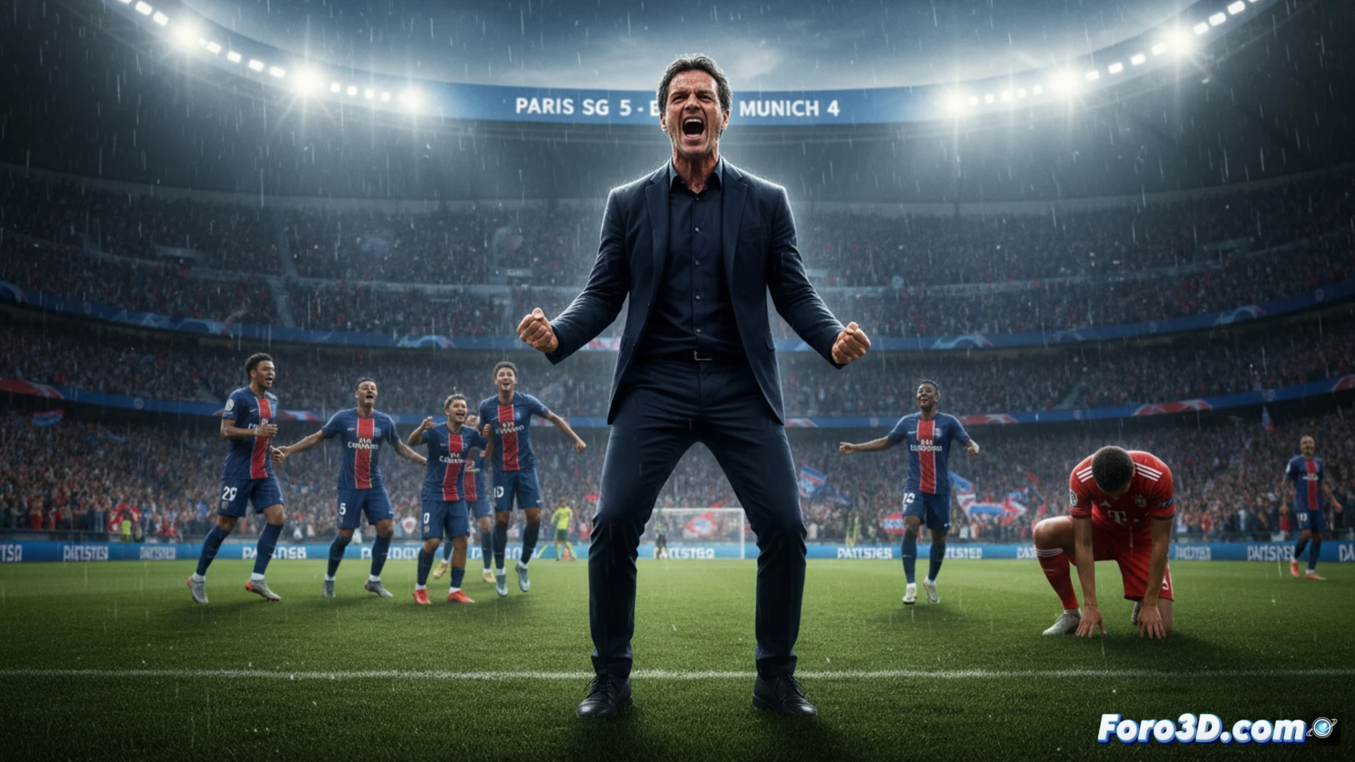 Luis Enrique celebra en la banda del PSG, con el marcador 5-4 ante el Bayern, en un partido de ida y vuelta frenético.