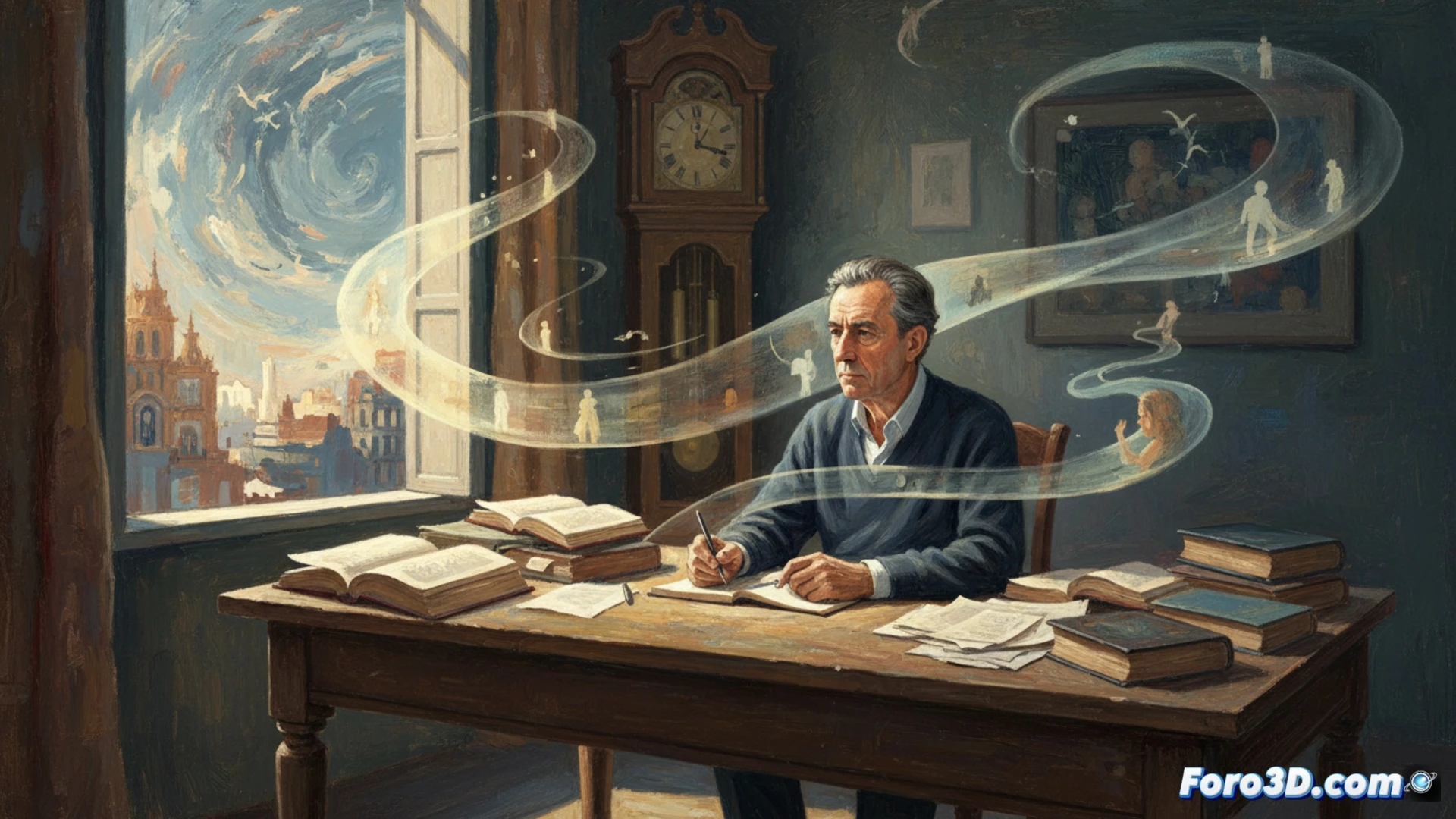 Un escritor reflexiona junto a una ventana, con un manuscrito y un café, mientras la lluvia acaricia los cristales.