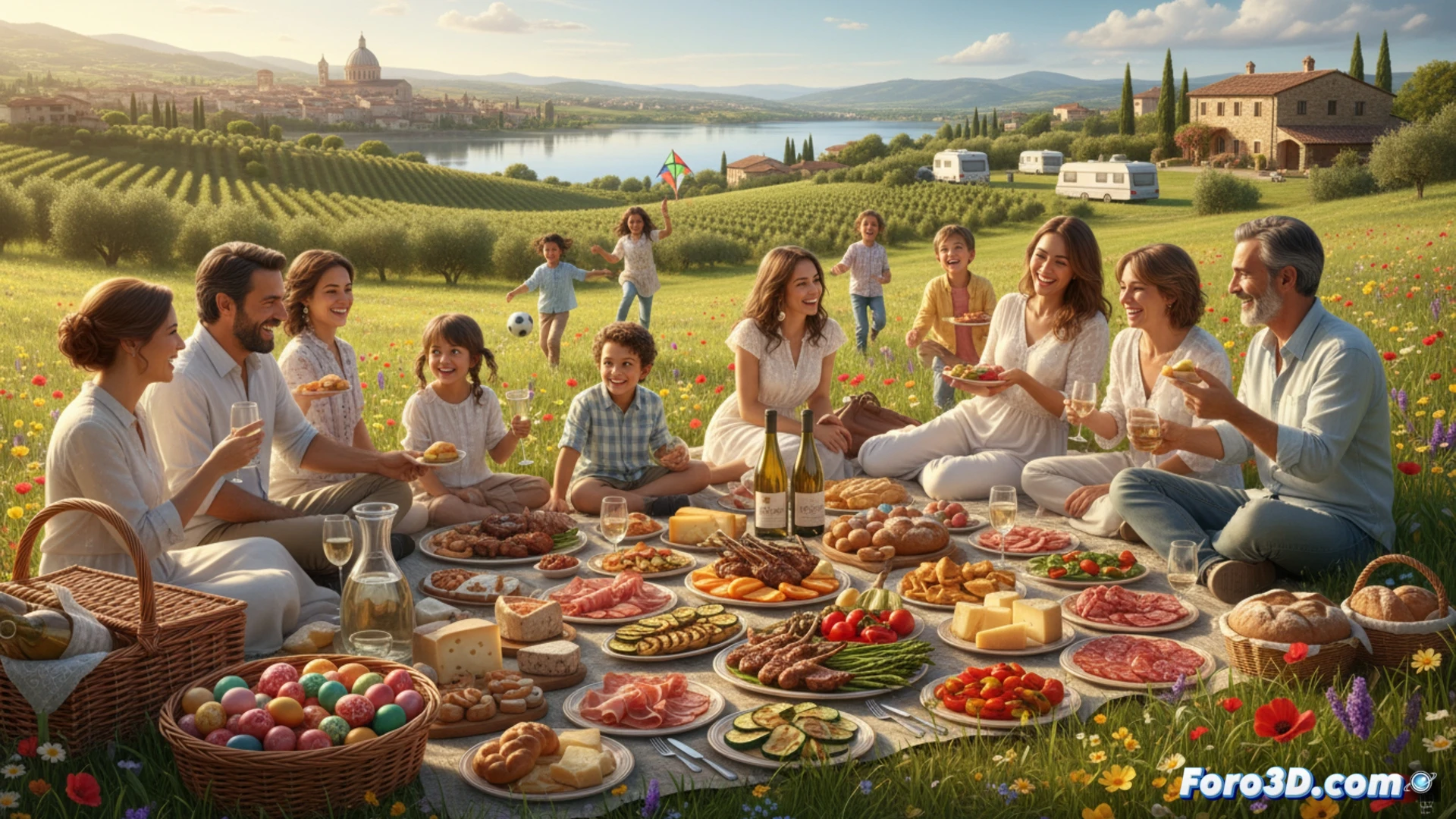 Familia disfrutando un picnic con sobras de Pascua en un campo verde, cerca de una ciudad de arte italiana.