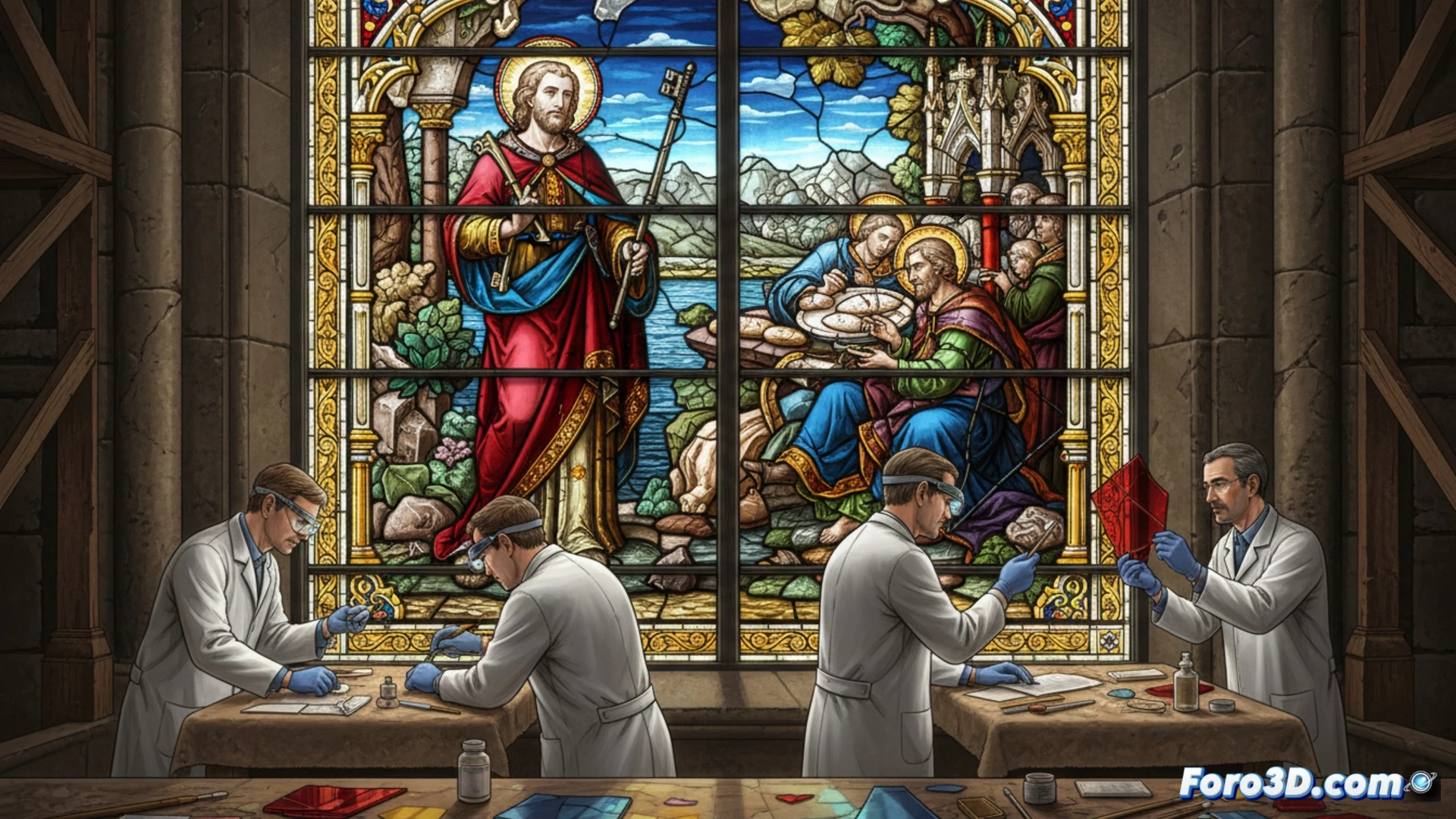 Interior de la Catedral de Sevilla, luz de colores atraviesa tres vidrieras restauradas de los siglos XVI y XVII. Detalle de limpieza y reintegración de piezas, con andamios y restauradores trabajando, mostrando el esplendor original.