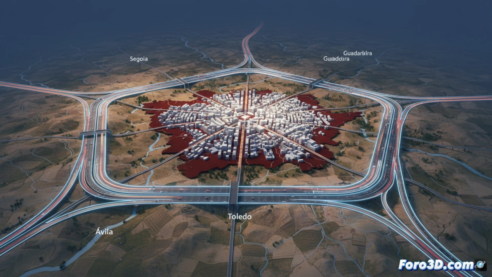 Mapa 3D de la M-70 y Proyecto Pentágono conectando autovías radiales para descongestionar Madrid con flujos logísticos