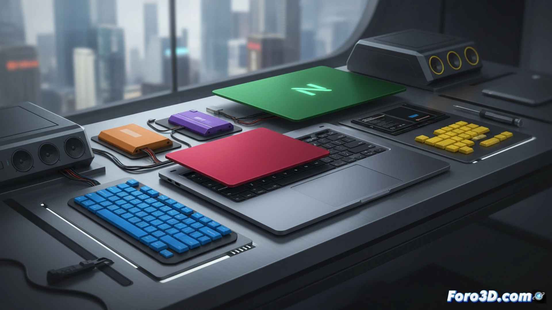 Un MacBook desmontado con piezas de colores vibrantes sobre una mesa, listas para ser intercambiadas por el usuario.