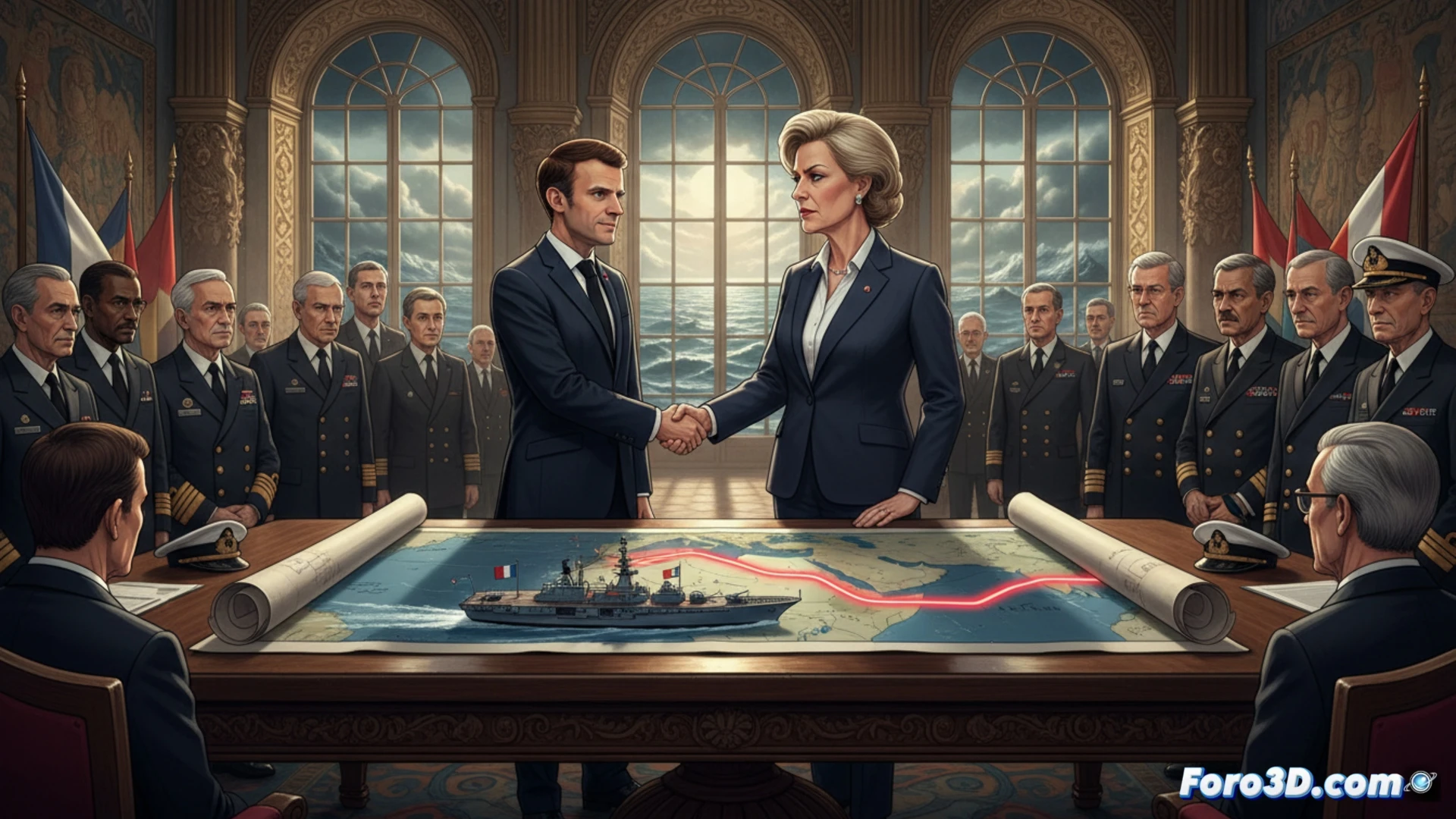 El presidente Macron en una cumbre, con un mapa del estratégico estrecho de Ormuz de fondo.