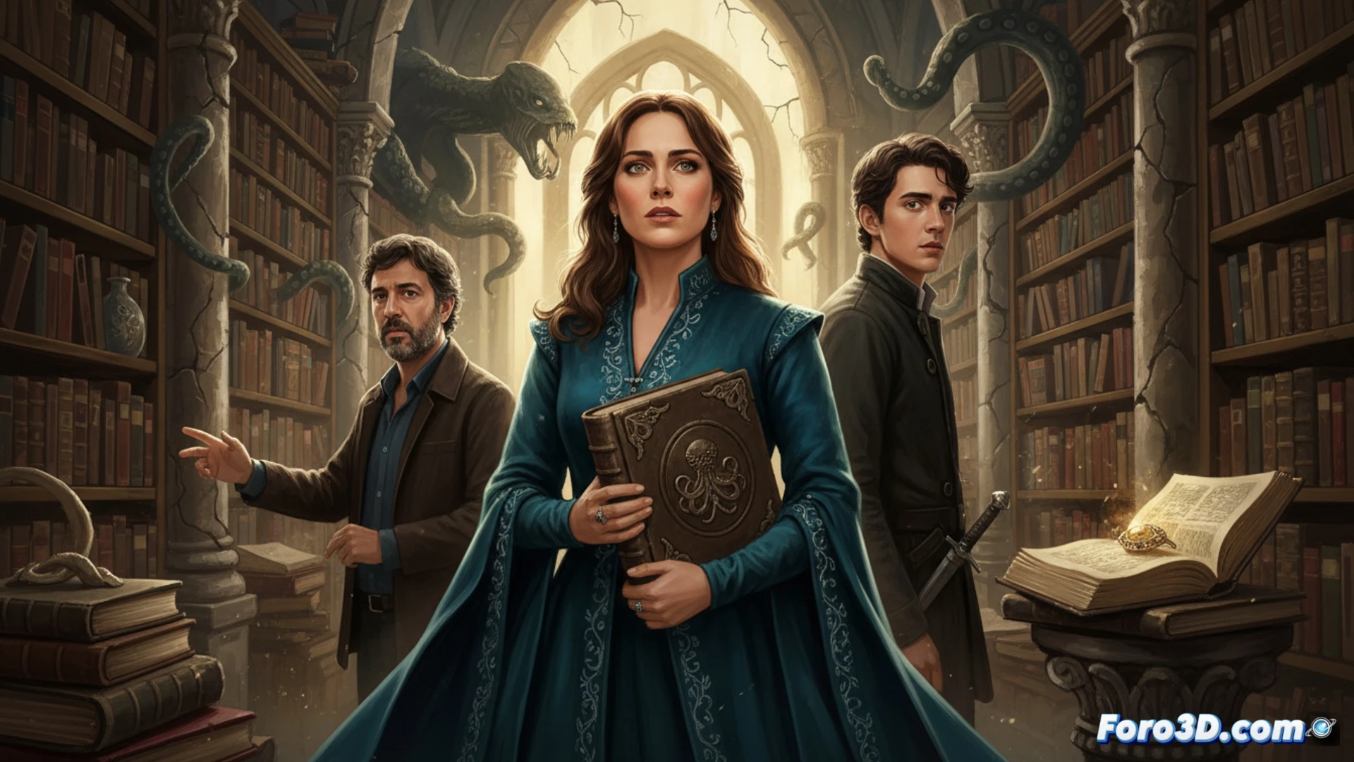 Una mujer sostiene un antiguo libro junto a un kraken, conectando pasado y presente en un thriller.