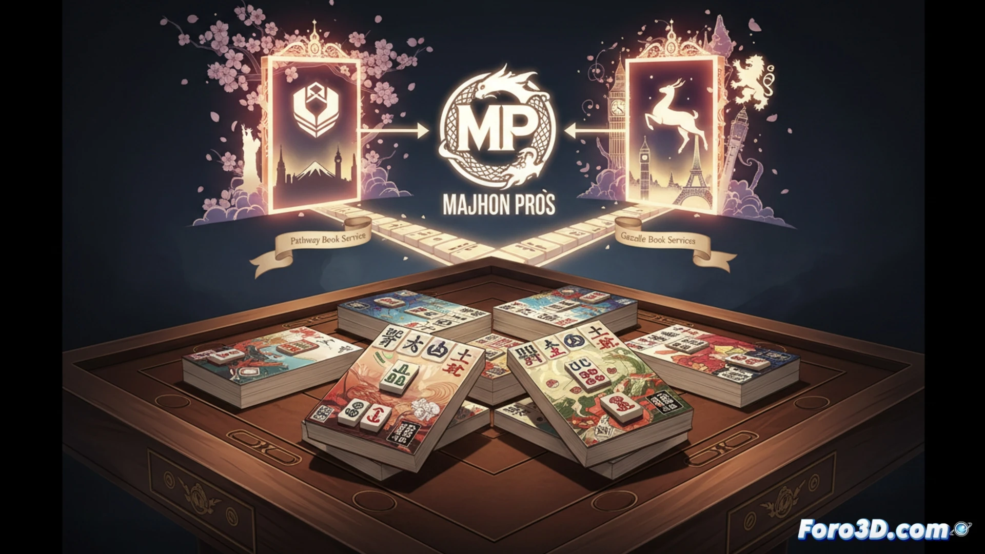 Un mapa mundial con manga y fichas de mahjong conectando Norteamérica y Europa mediante líneas de distribución.