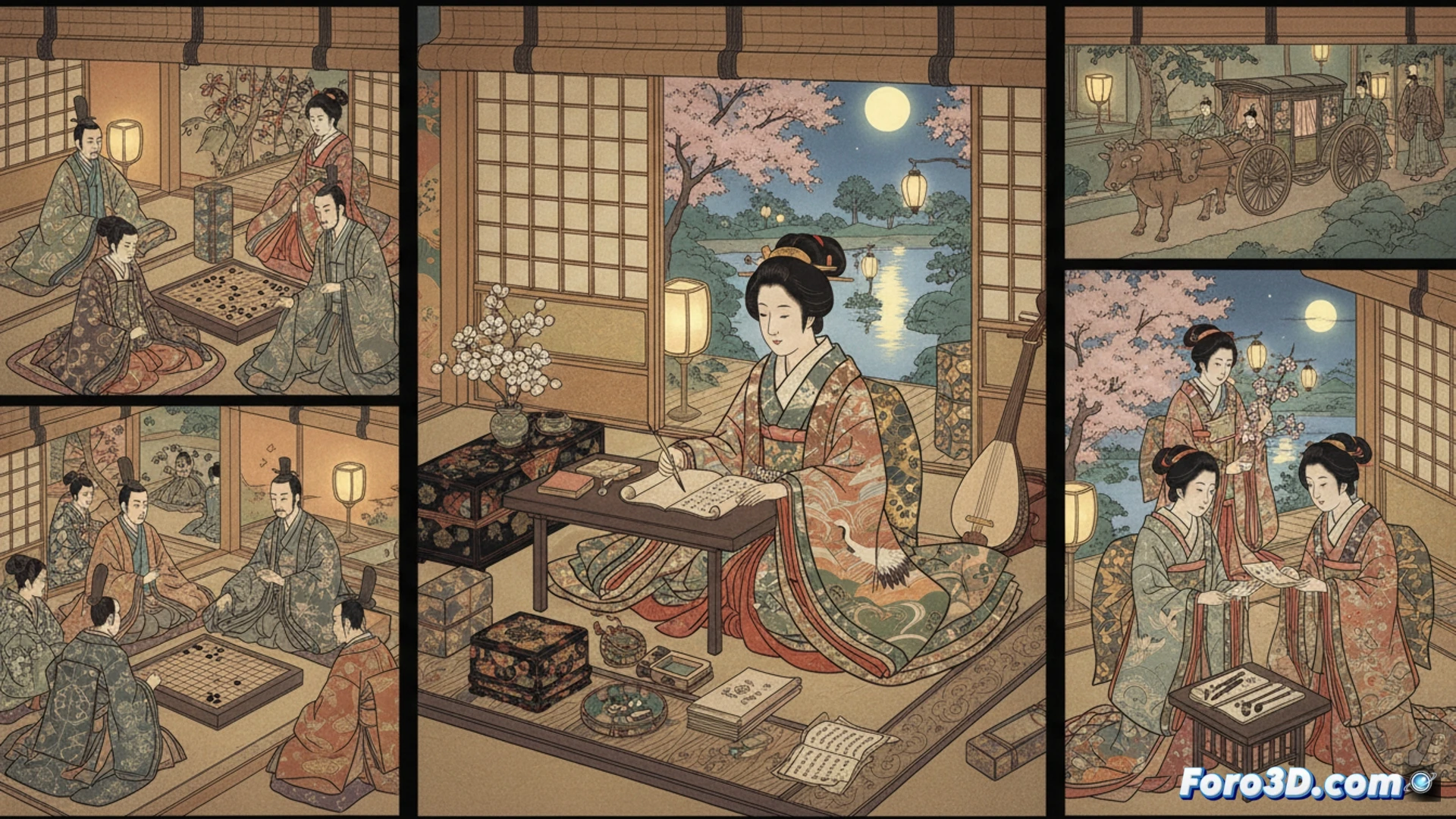 Una dama Heian escribe junto a una almohada de madera lacada, rodeada de pergaminos y flores de temporada.