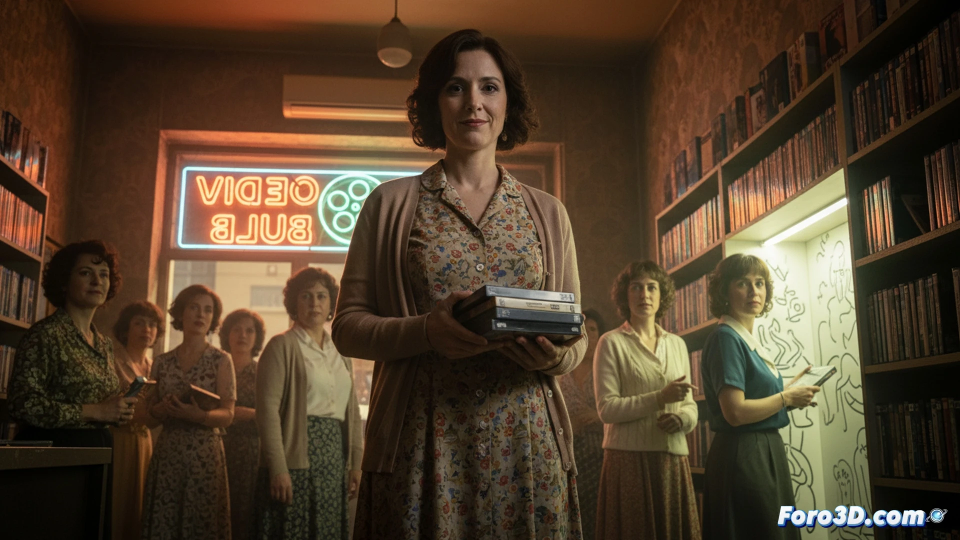 Descripción (80-120 caracteres): Malena Alterio en un videoclub noventero, entre cintas VHS y carteles de cine porno, con mirada decidida.