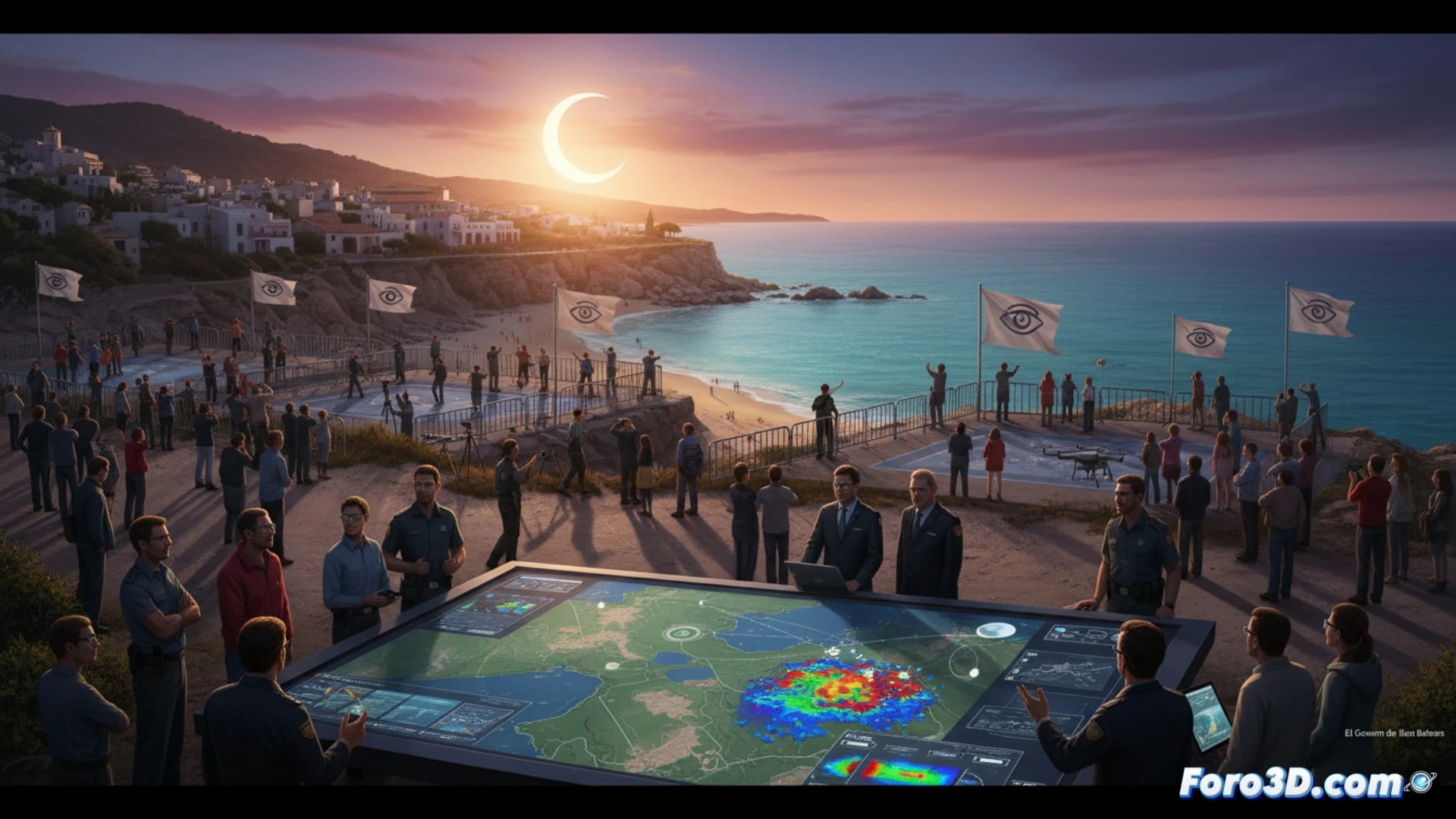 Un mapa de Mallorca con treinta puntos brillantes marcados como ZOO, bajo un cielo parcialmente oscurecido por un eclipse solar.