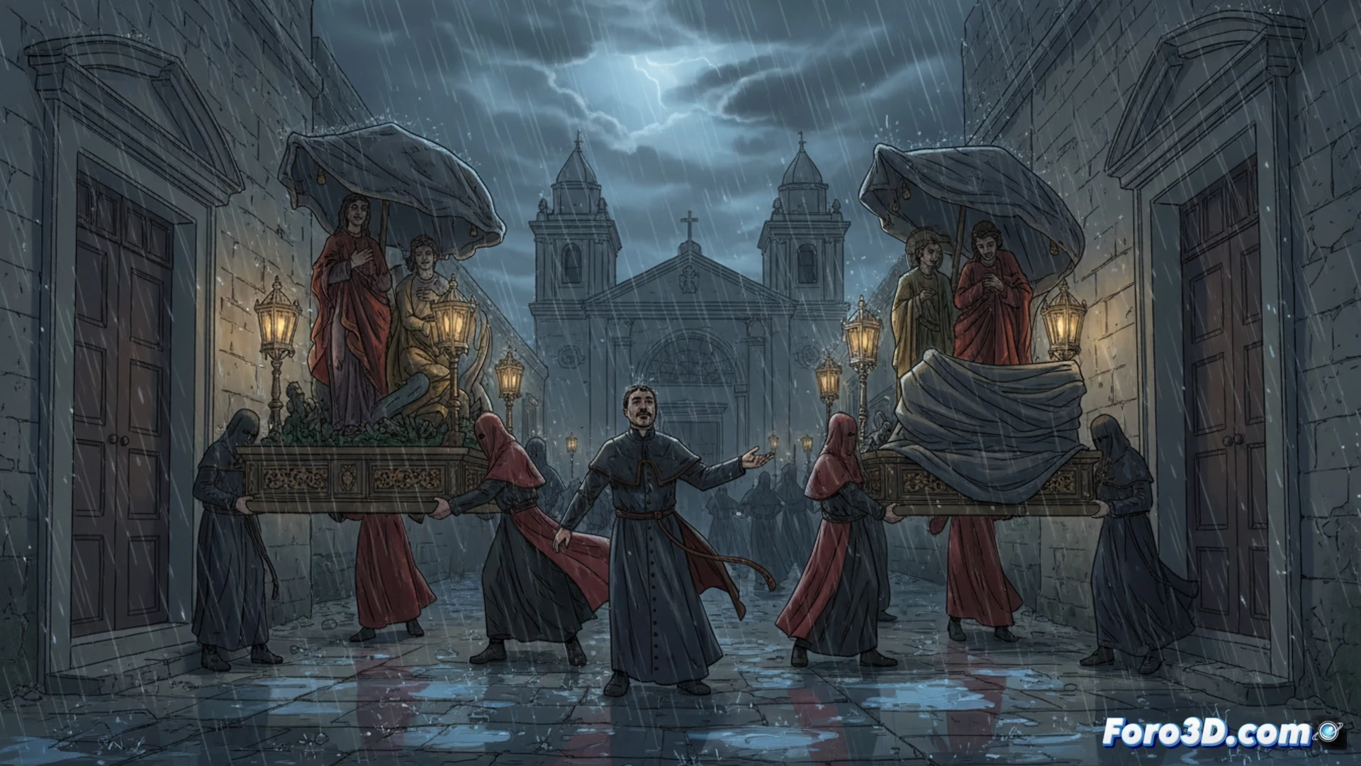 Maqueta 3D de una calle maltesa con estructuras de andamios digitales superpuestas, simulando refuerzo contra vientos.