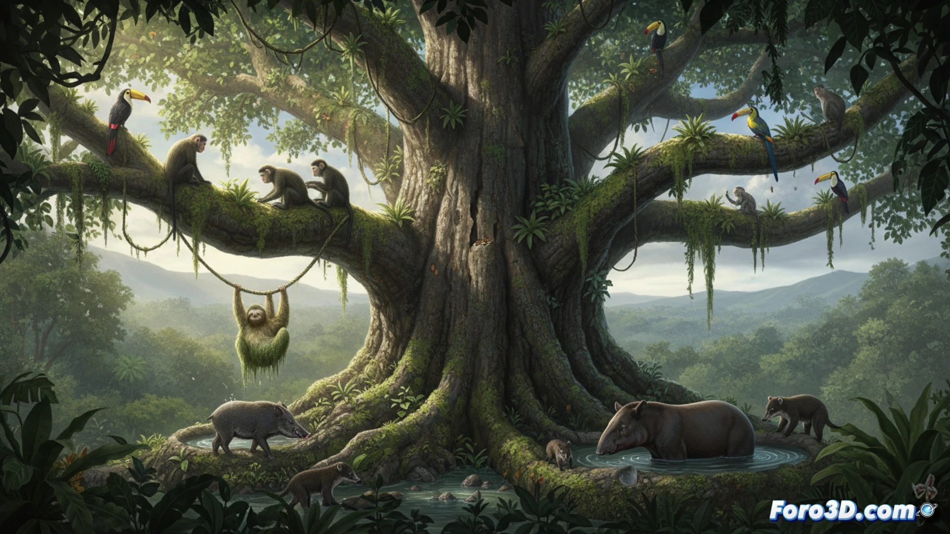 Un árbol en un bosque tropical, con ramas cubiertas de excrementos de varios mamíferos, sirviendo como un baño comunitario en las alturas.