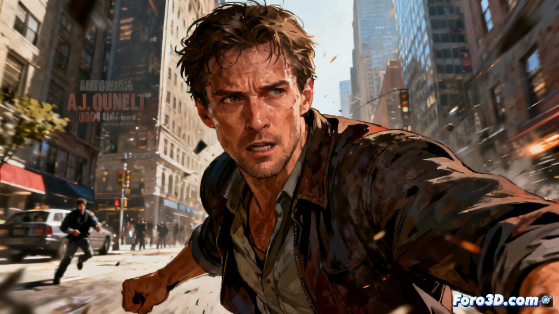 Un hombre sombrío con mirada intensa sostiene una pistola humeante tras un cristal roto, con llamas reflejadas en sus ojos. Fondo oscuro con destellos anaranjados.