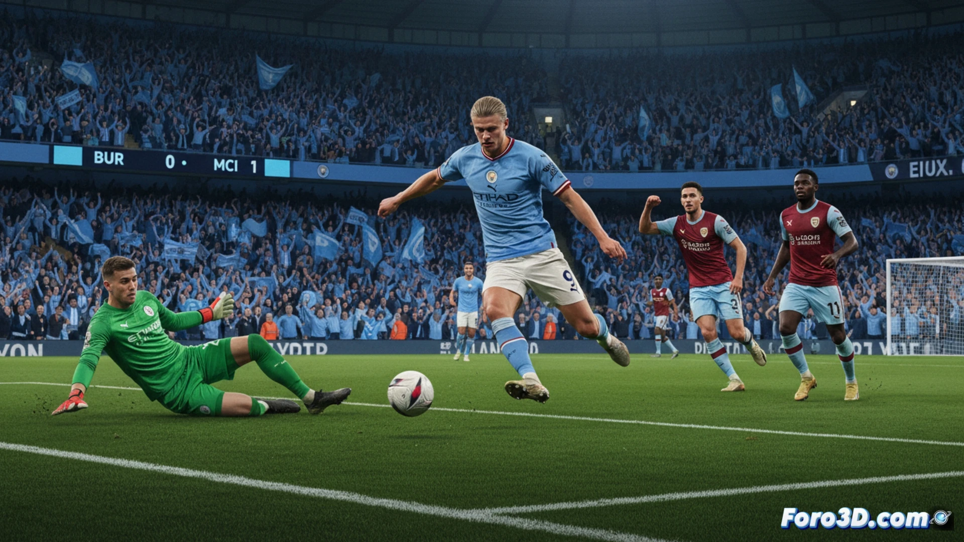 Un jugador del Manchester City celebra un gol frente a la afición del Burnley en un estadio bajo la lluvia.