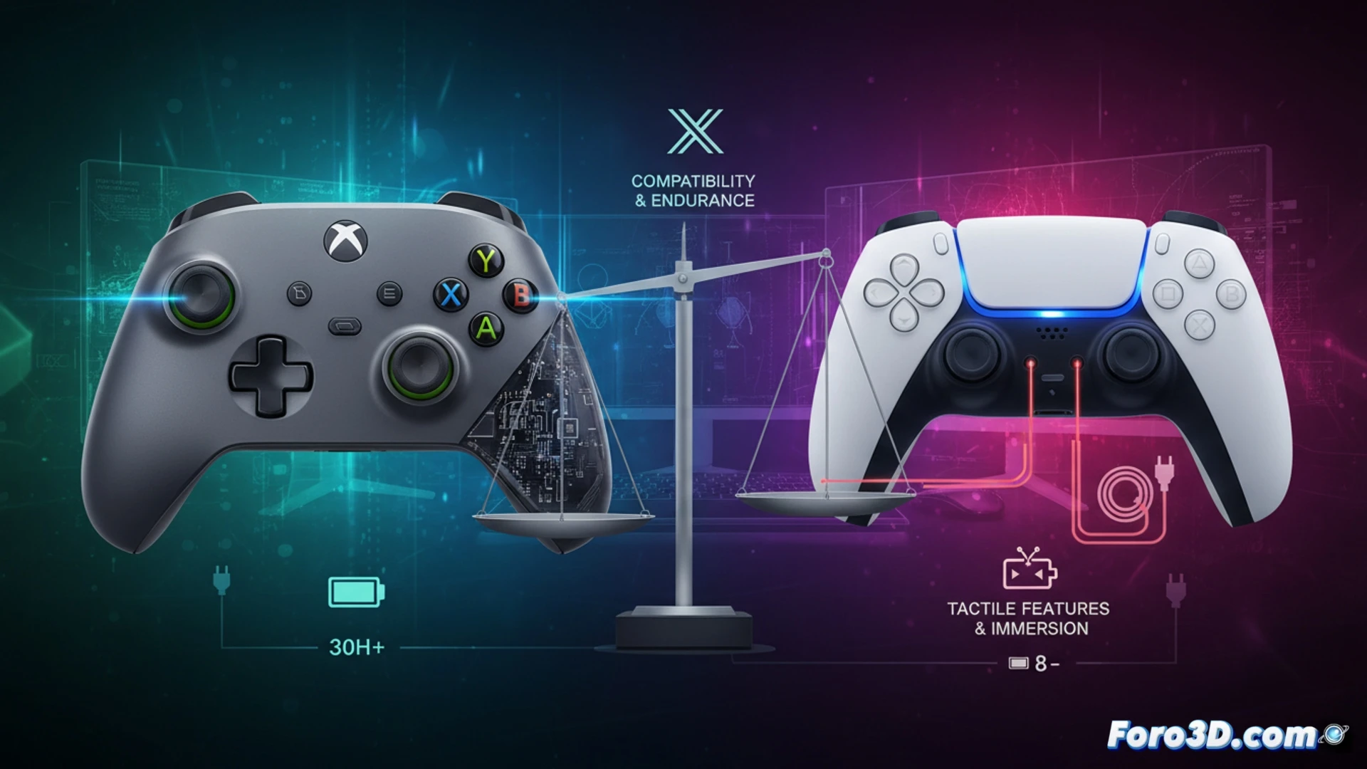 Un mando de Xbox y un DualSense sobre un teclado, frente a un software de modelado 3D en una pantalla.