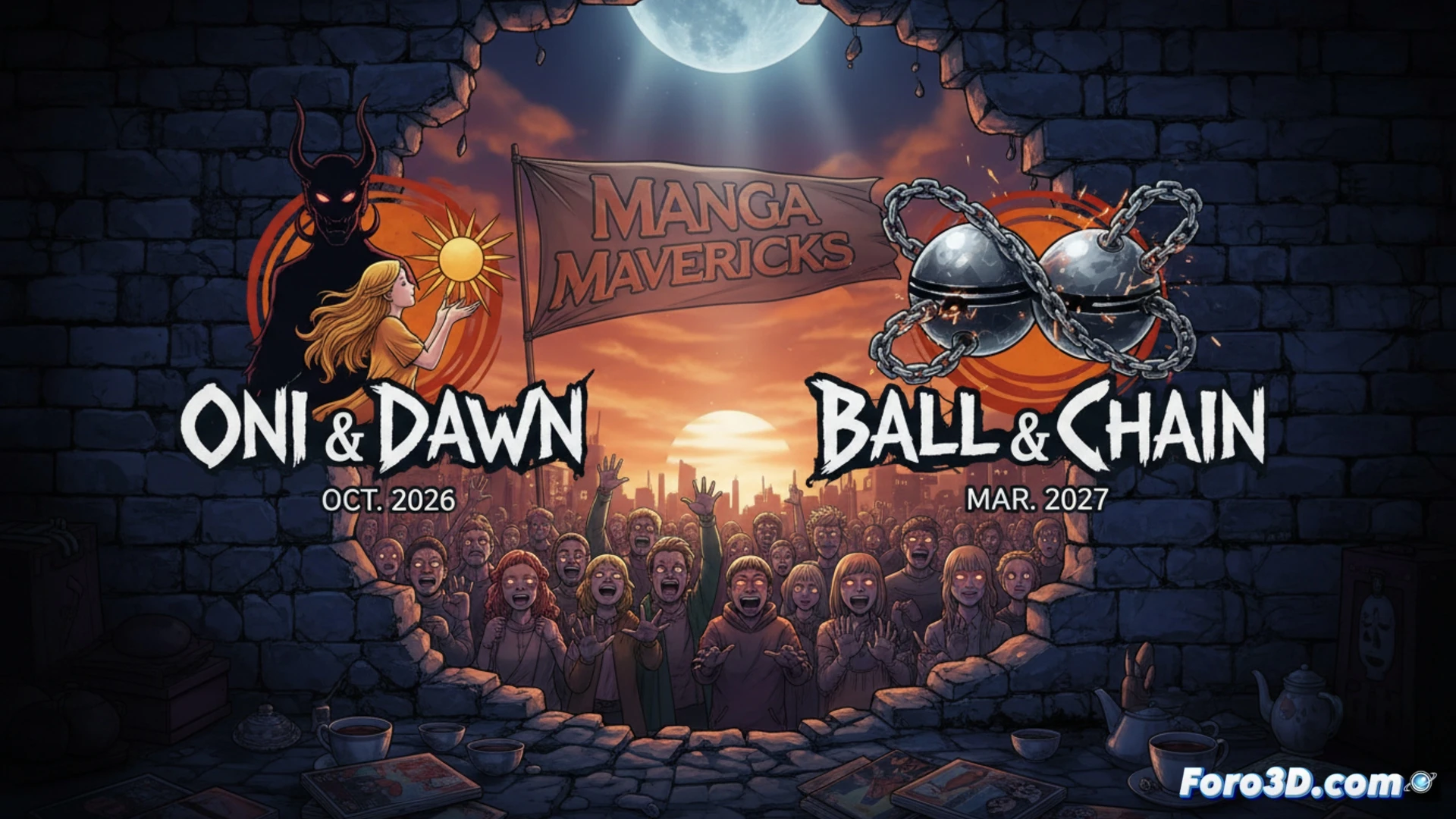 Una ilustración dinámica muestra dos mangas: uno con un oni y una guerrera, y otro con una pareja encadenada. El logo de Manga Mavericks brilla sobre ellos.