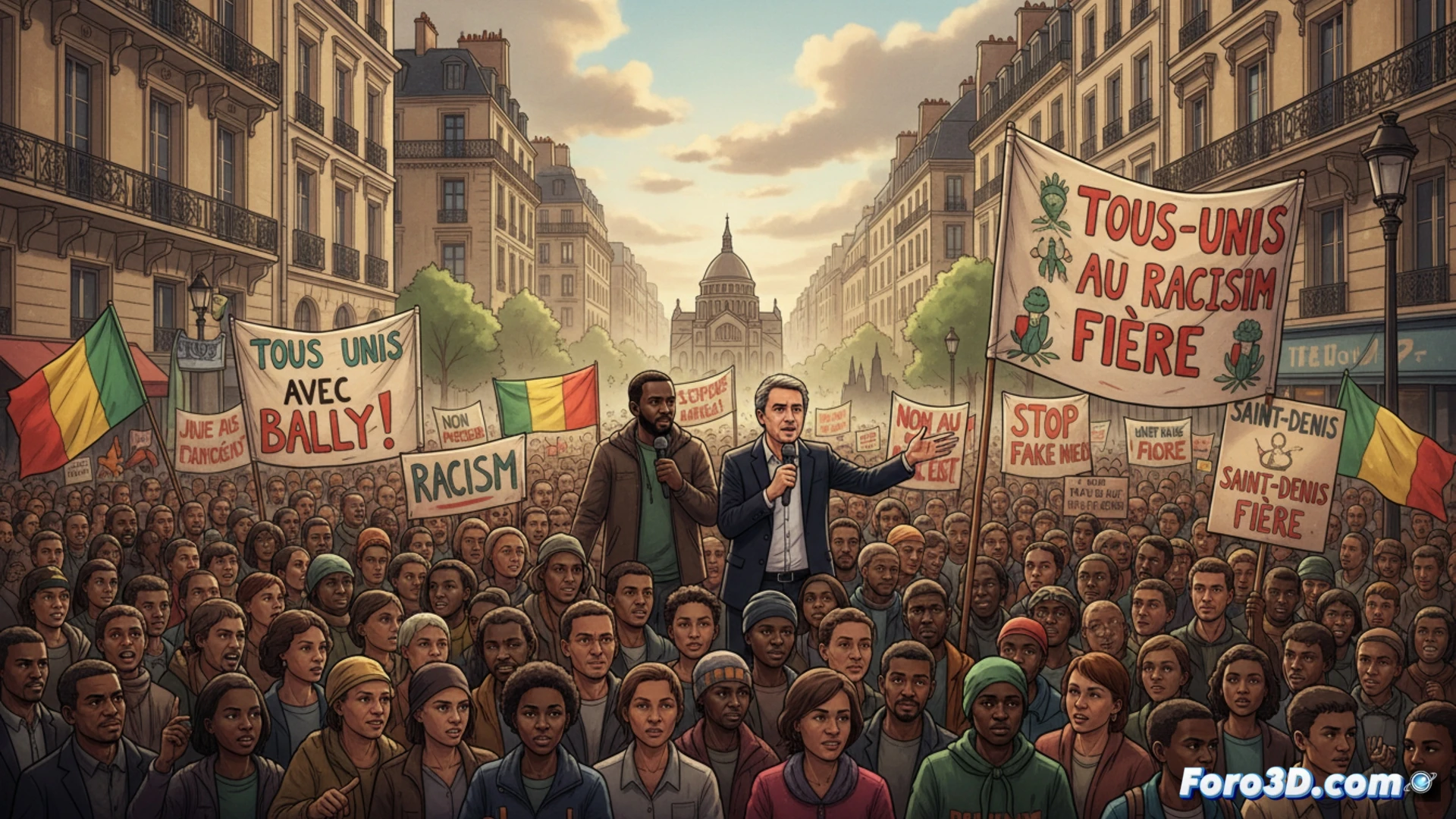 Una multitud diversa marcha con carteles contra el racismo frente al ayuntamiento de Saint-Denis. Se distingue a Jean-Luc Mélenchon entre la gente.