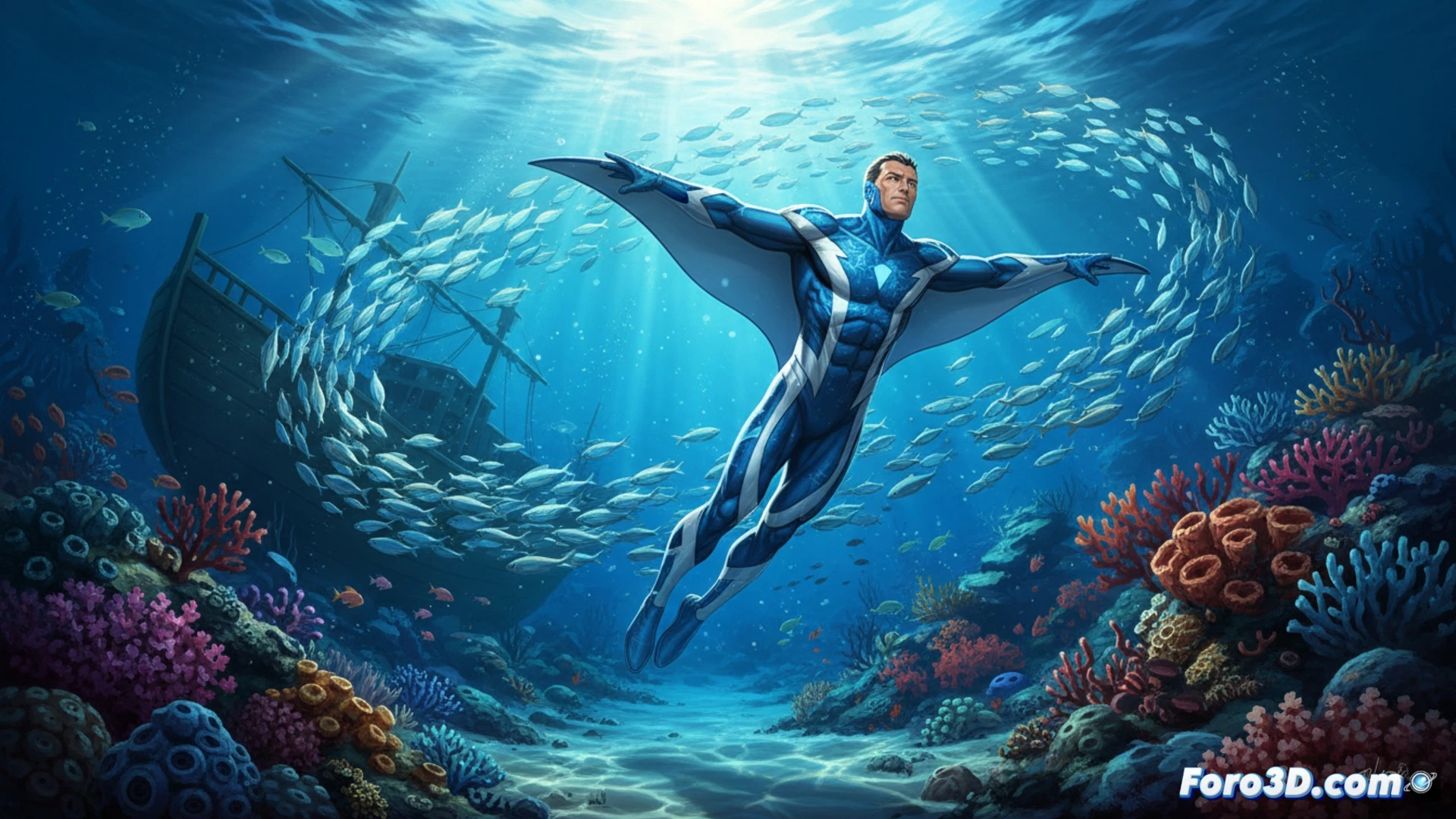 Un héroe submarino en su traje de raya, listo para rescates y aventuras en las profundidades.