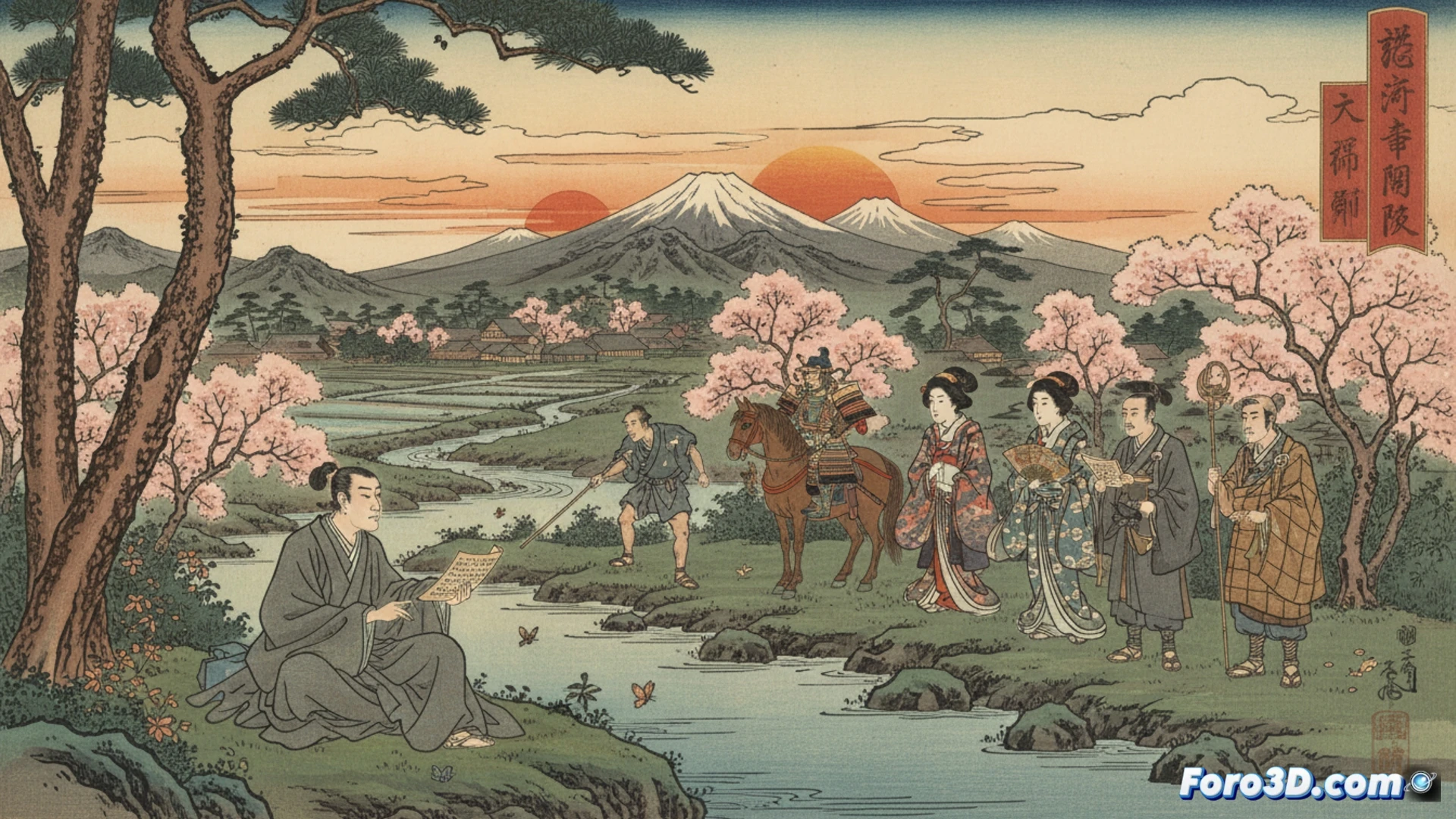 Antigua antología 'Man'yōshū' abierta, con caligrafía junto a un retrato del poeta Ōtomo no Yakamochi.