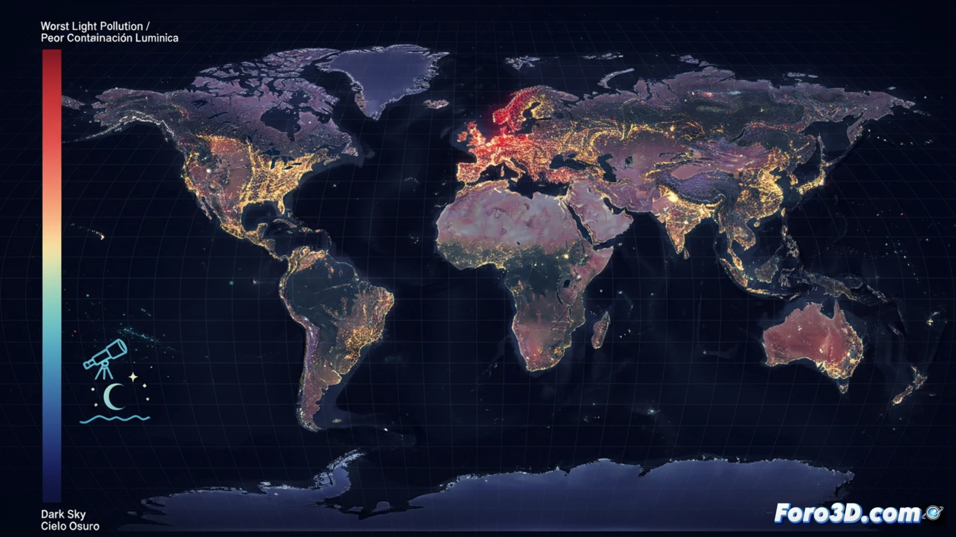 Un mapa topográfico 3D donde las ciudades brillantes son picos montañosos de luz, y los valles oscuros son los santuarios ideales para observar el eclipse.