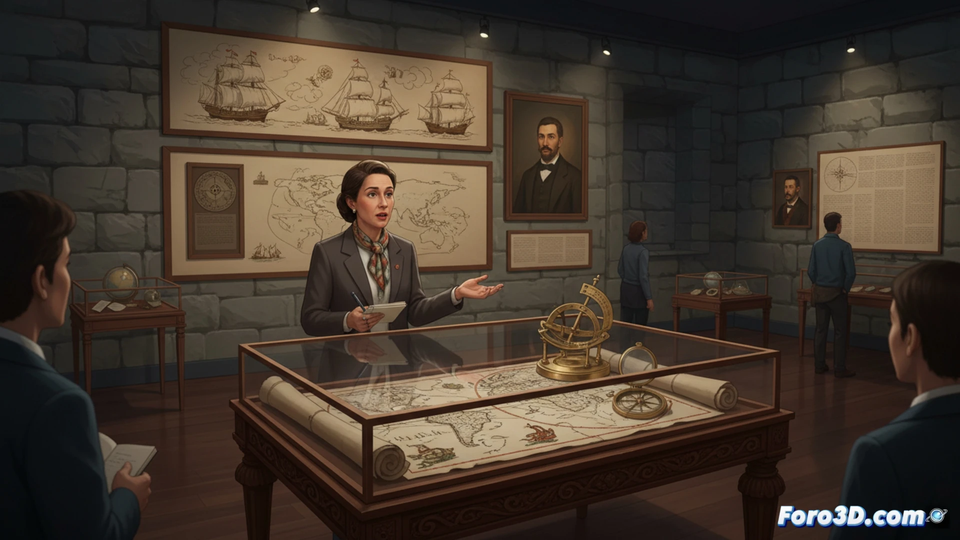 Una comisaria examina un antiguo mapa náutico en el Museo de Santa Cruz, junto a vitrinas con documentos de la primera vuelta al mundo y una estantería de libros autoeditados mediocres.