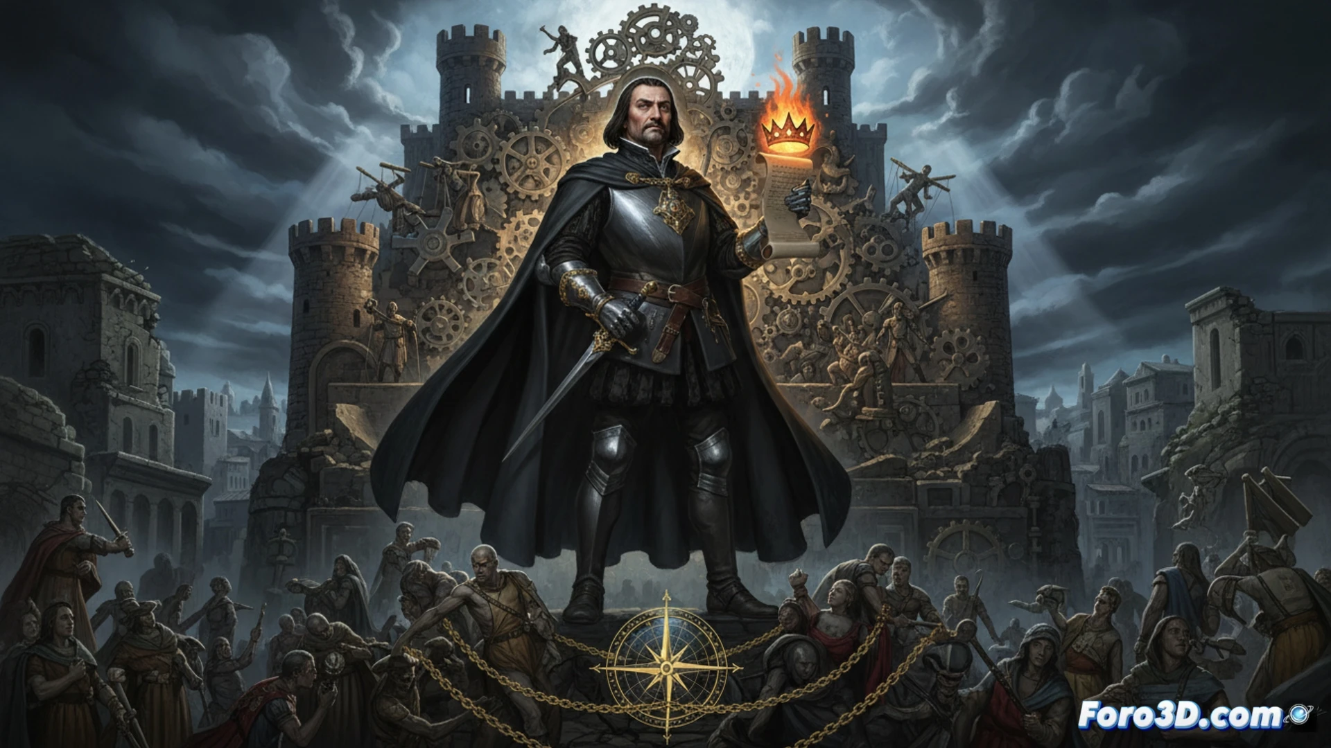 Un príncipe renacentista observa un laberinto de circuitos y código, donde su cetro se funde con un cable de datos, simbolizando la fusión del poder político y el tecnológico.