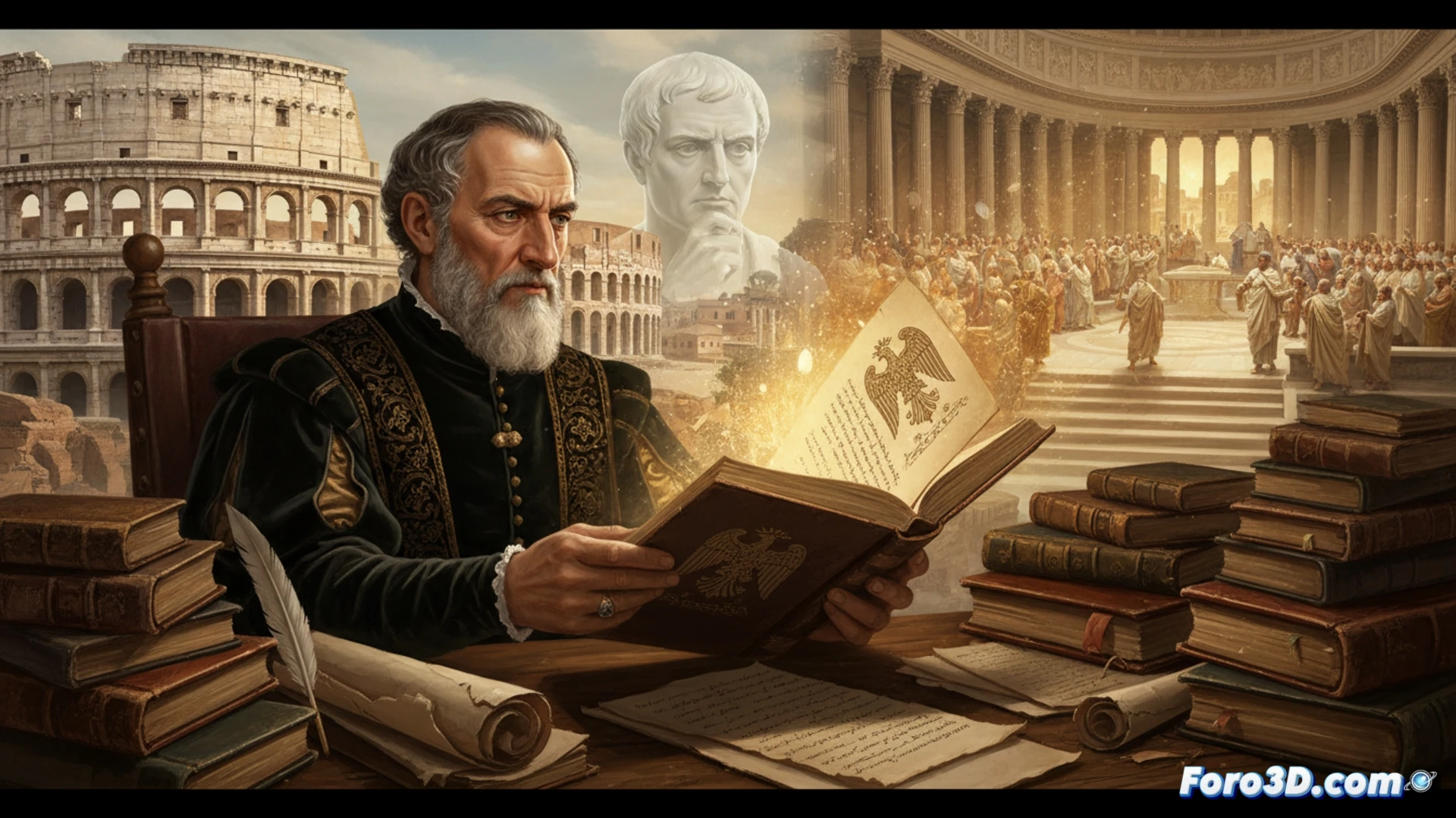 Imagen de Maquiavelo escribiendo, con la sombra de un legionario romano proyectada sobre pergaminos y un mapa moderno.