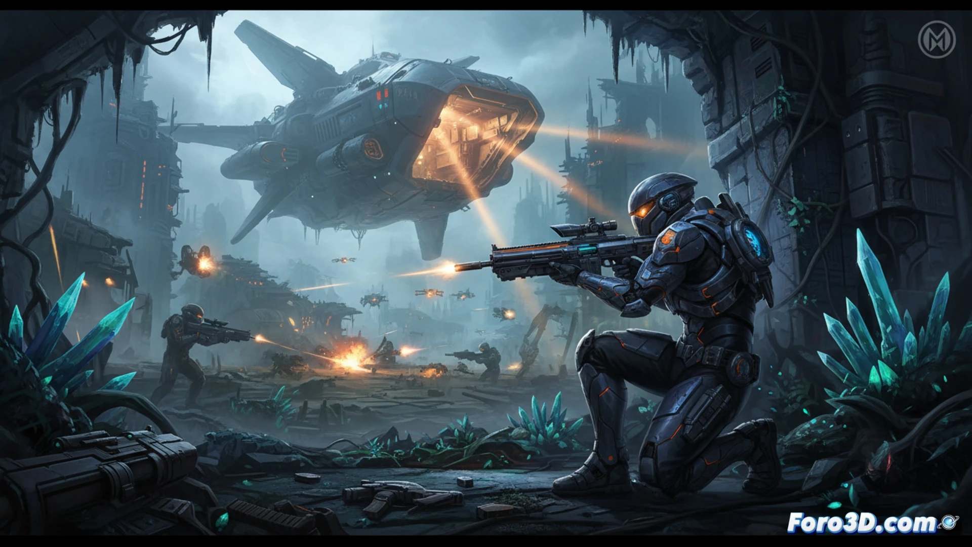 Un jugador en primer plano, armado y concentrado, explora un oscuro corredor metálico con luces parpadeantes, mientras al fondo se ve una puerta abierta hacia un paisaje alienígena.