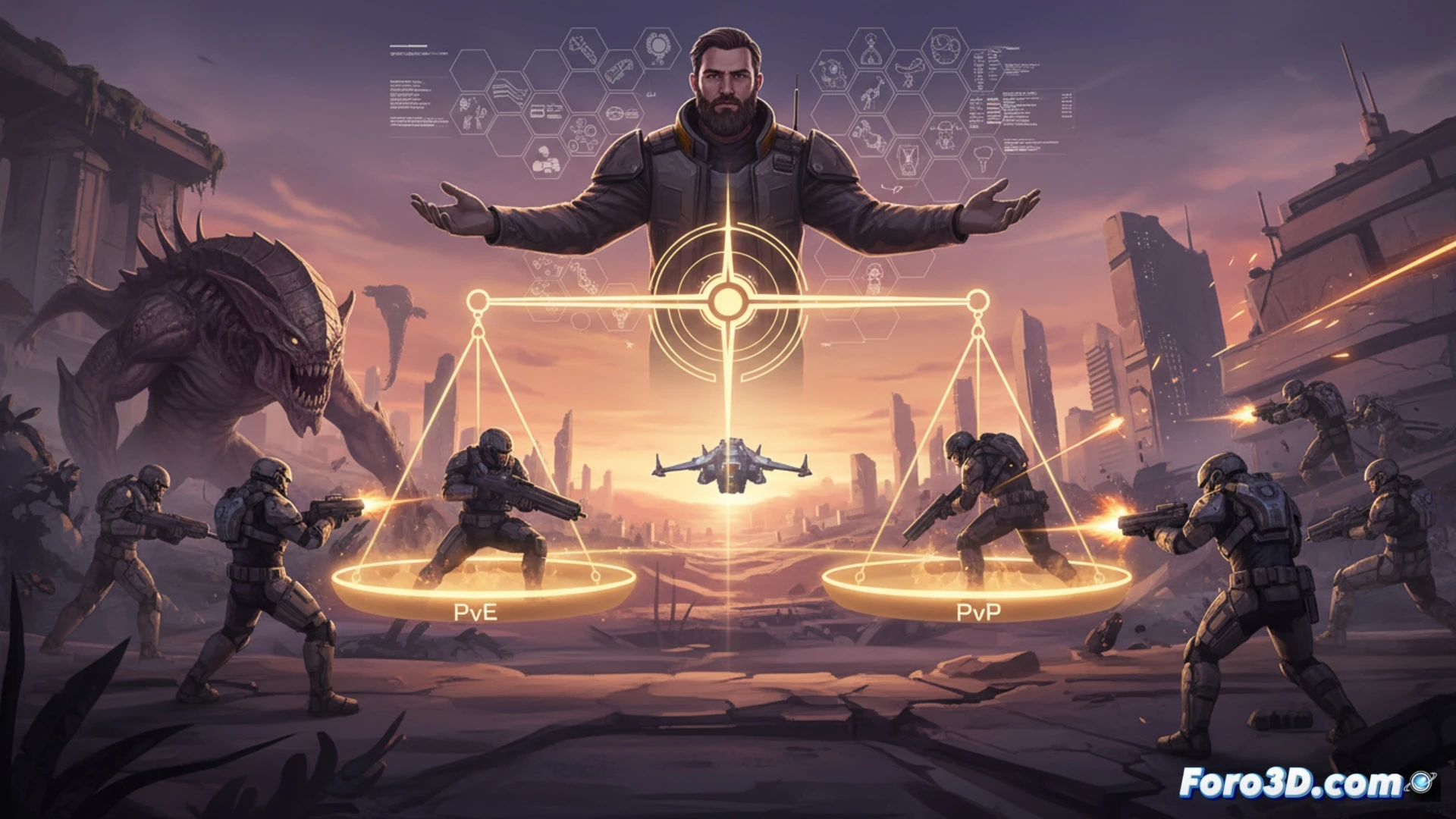 Dos figuras en armadura futurista, una frente a un robot alienígena y otra apuntando a un jugador rival, bajo una luz dorada que divide la escena entre orden y caos.