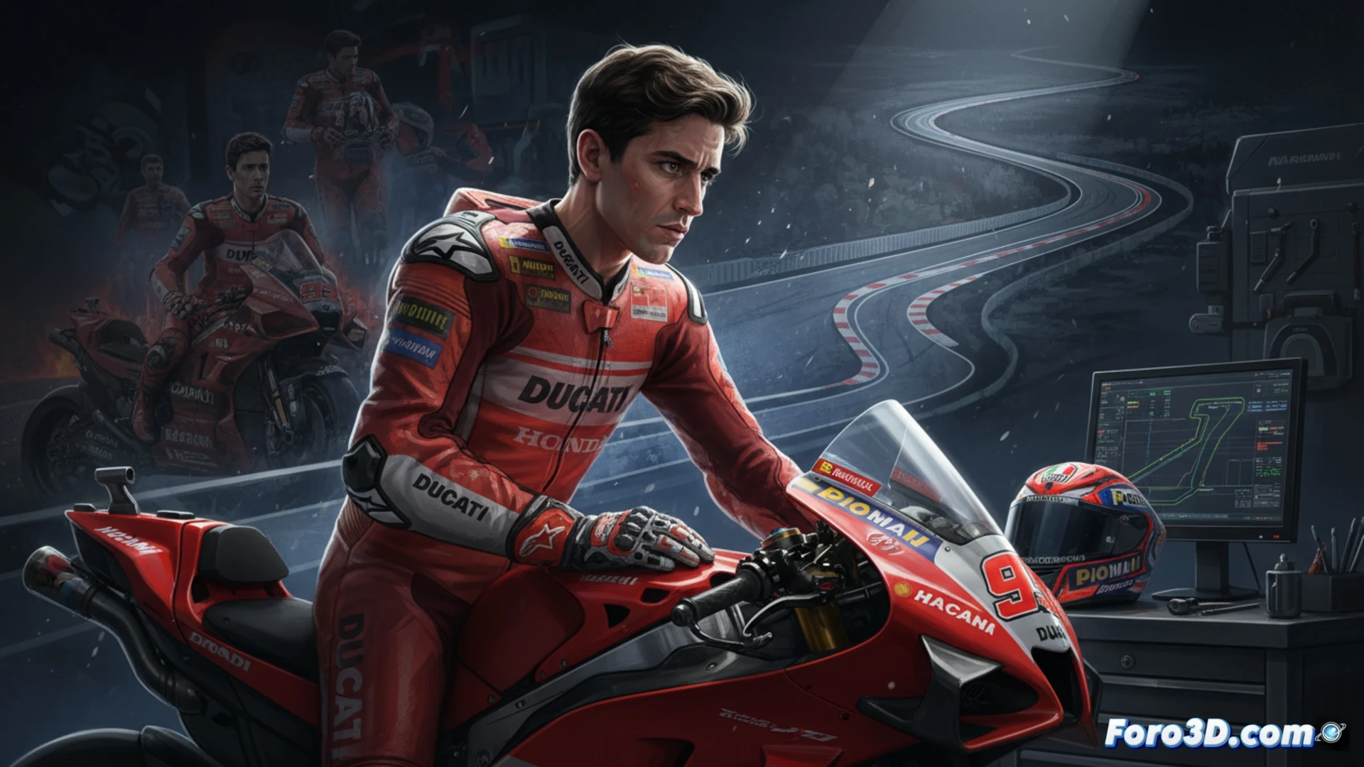 Marc Márquez en el box, concentrado frente a su Ducati, reflejando resiliencia tras superar lesiones y cambios de equipo.