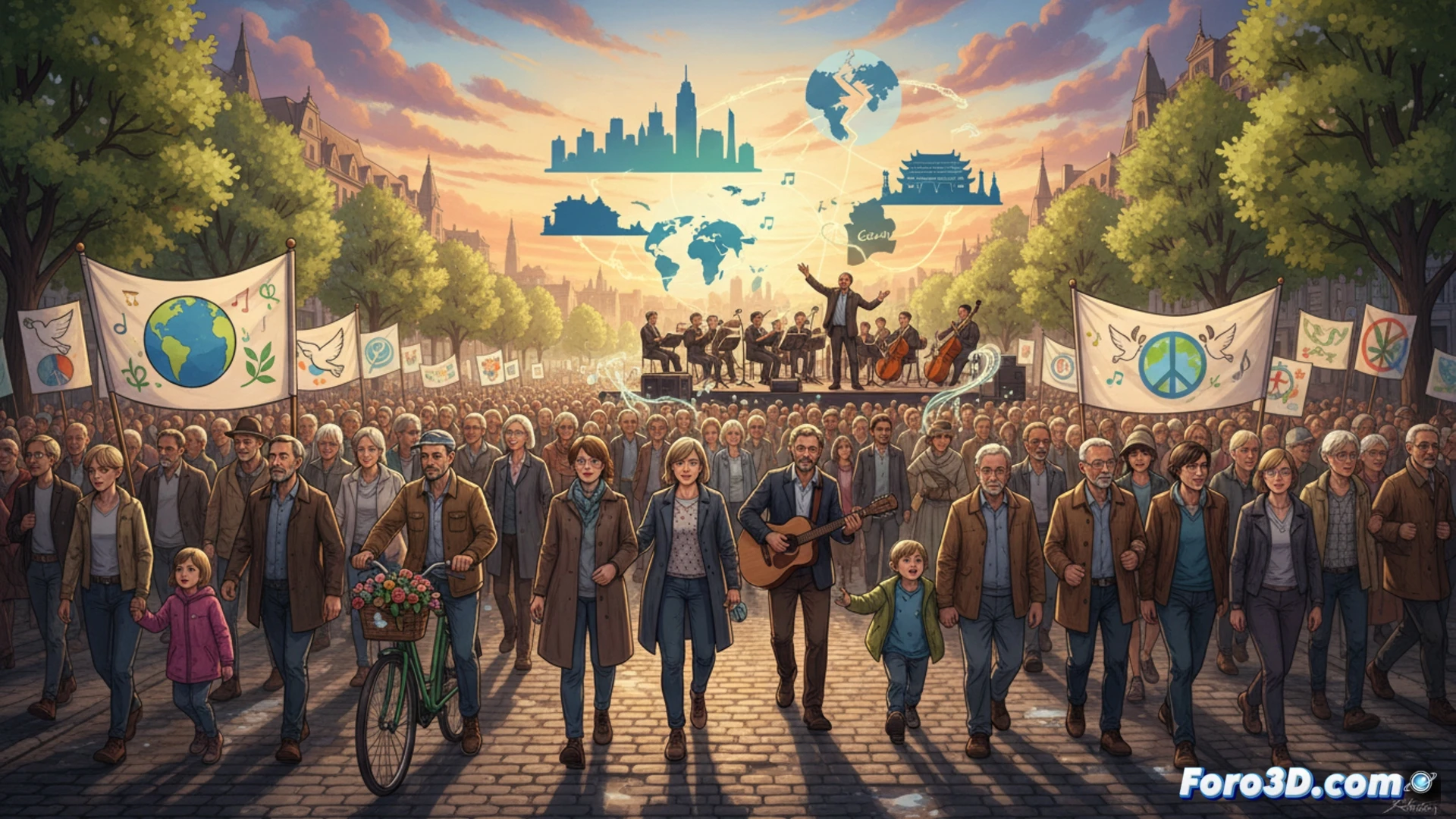 Multitudinaria marcha pacifista en una ciudad alemana, con carteles sobre Ucrania, Gaza y justicia climática. Ambiente de protesta festiva y familiar.