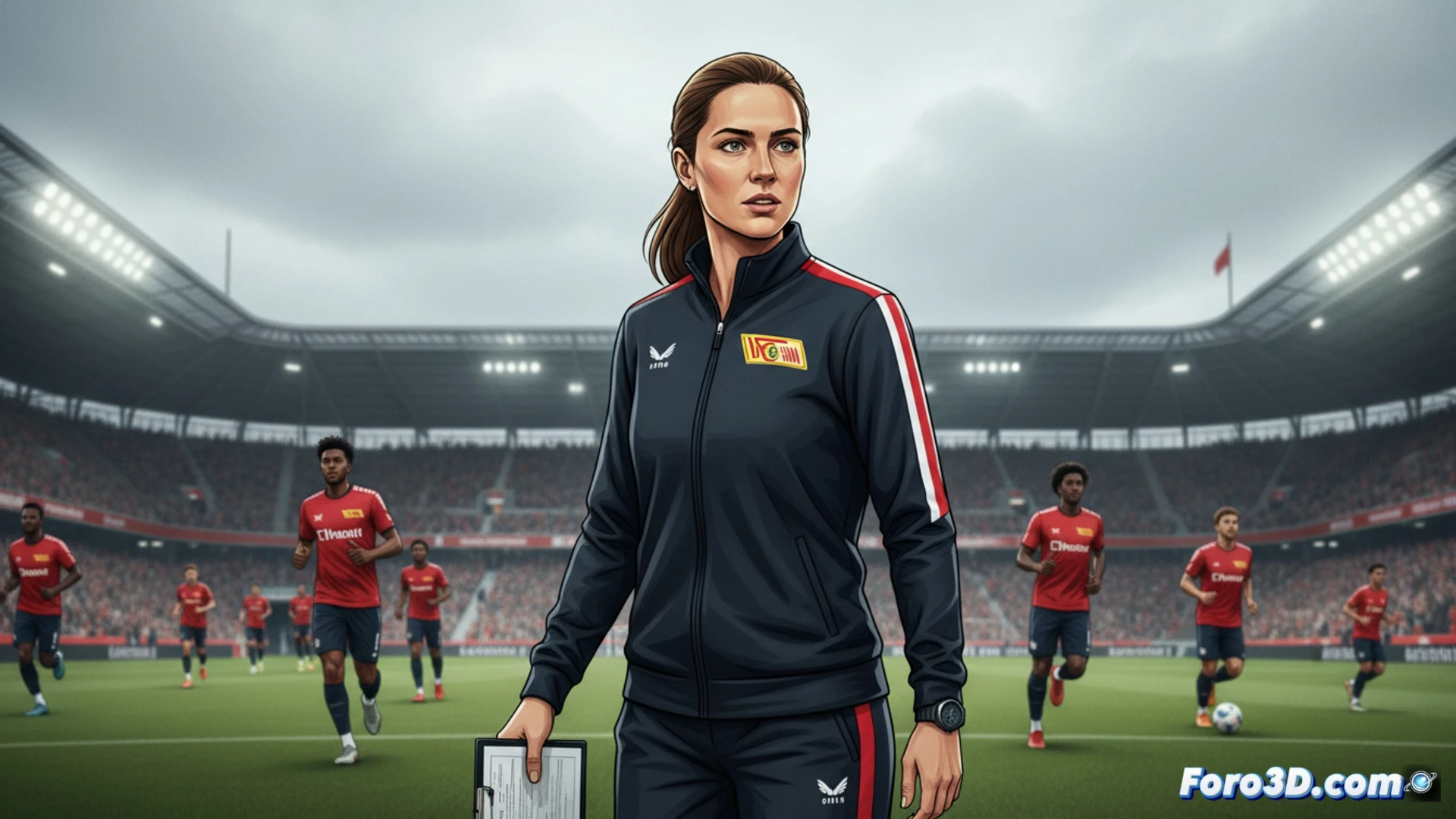 Marie-Louise Eta, con brazos cruzados y mirada firme, dirige desde el banquillo del Union Berlin en un estadio lleno.