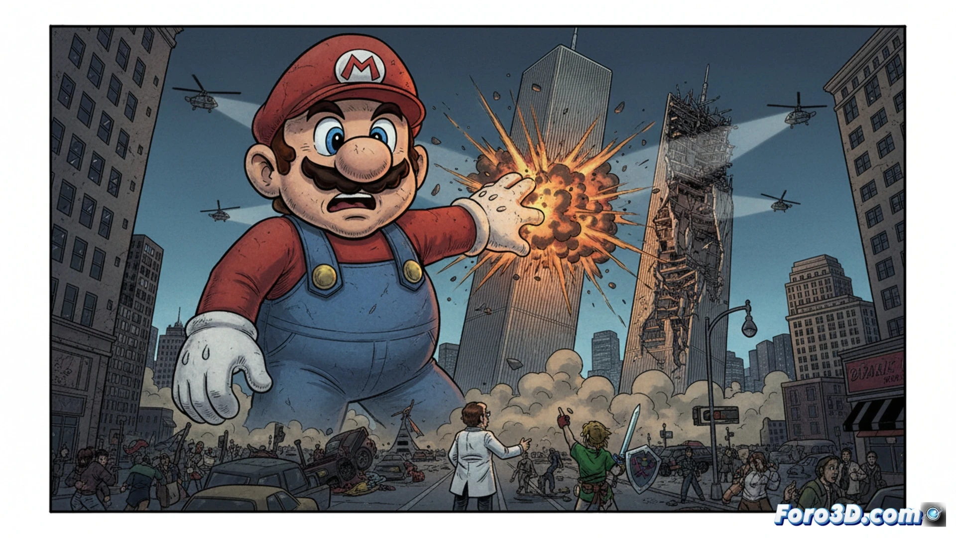 Una versión gigante de Mario, con gorra y bigote, avanza entre rascacielos humeantes. Link observa desde una azotea cercana, con las Torres Gemelas al fondo.