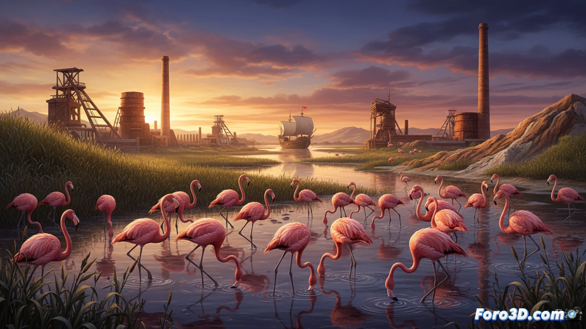 Un paisaje de marismas al atardecer, con flamencos y el monumento a Colón en el horizonte.