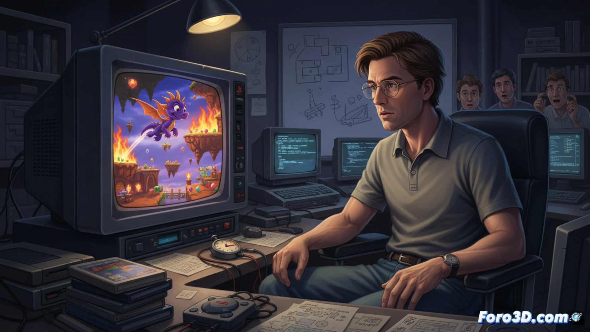 Mark Cerny cronometrando su partida de Spyro para un reto público de speedrun.