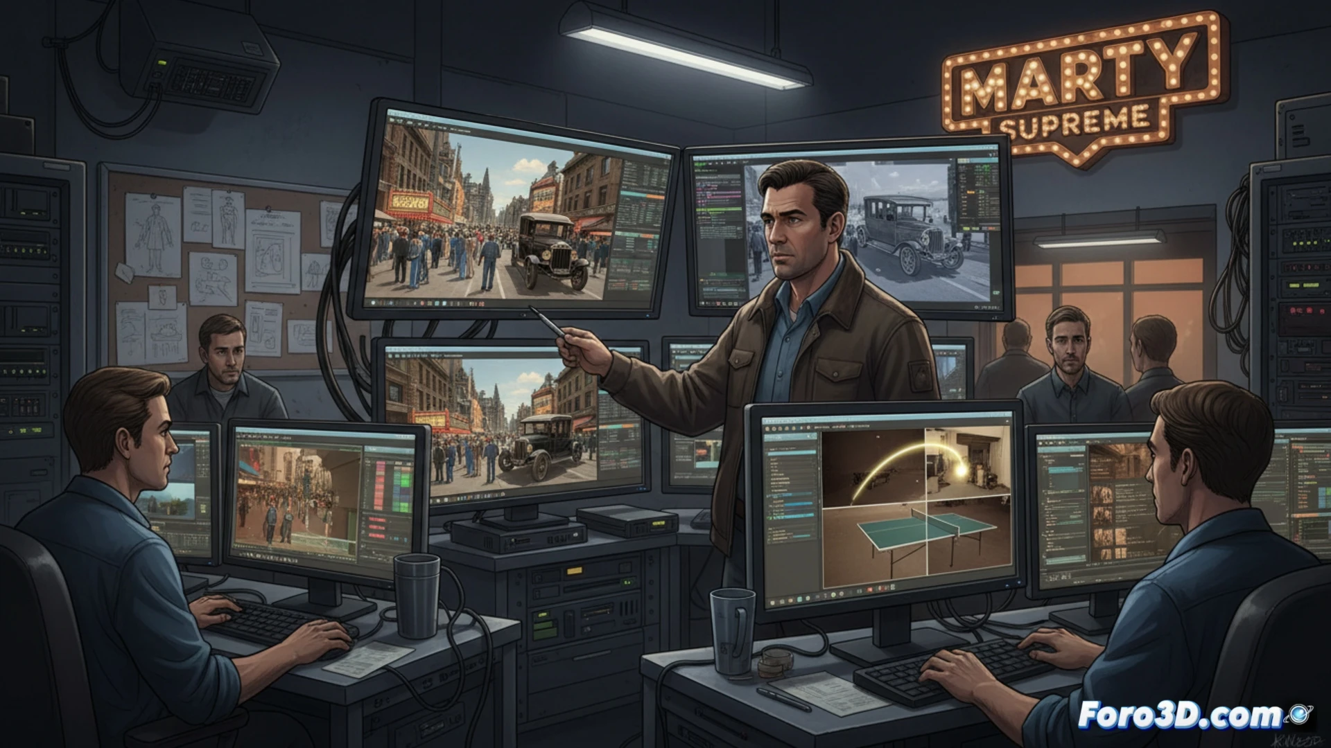 Una imagen del set de Marty Supreme: un actor imita un golpe de ping-pong sin pelota, rodeado de técnicos VFX y pantallas verdes mínimas.