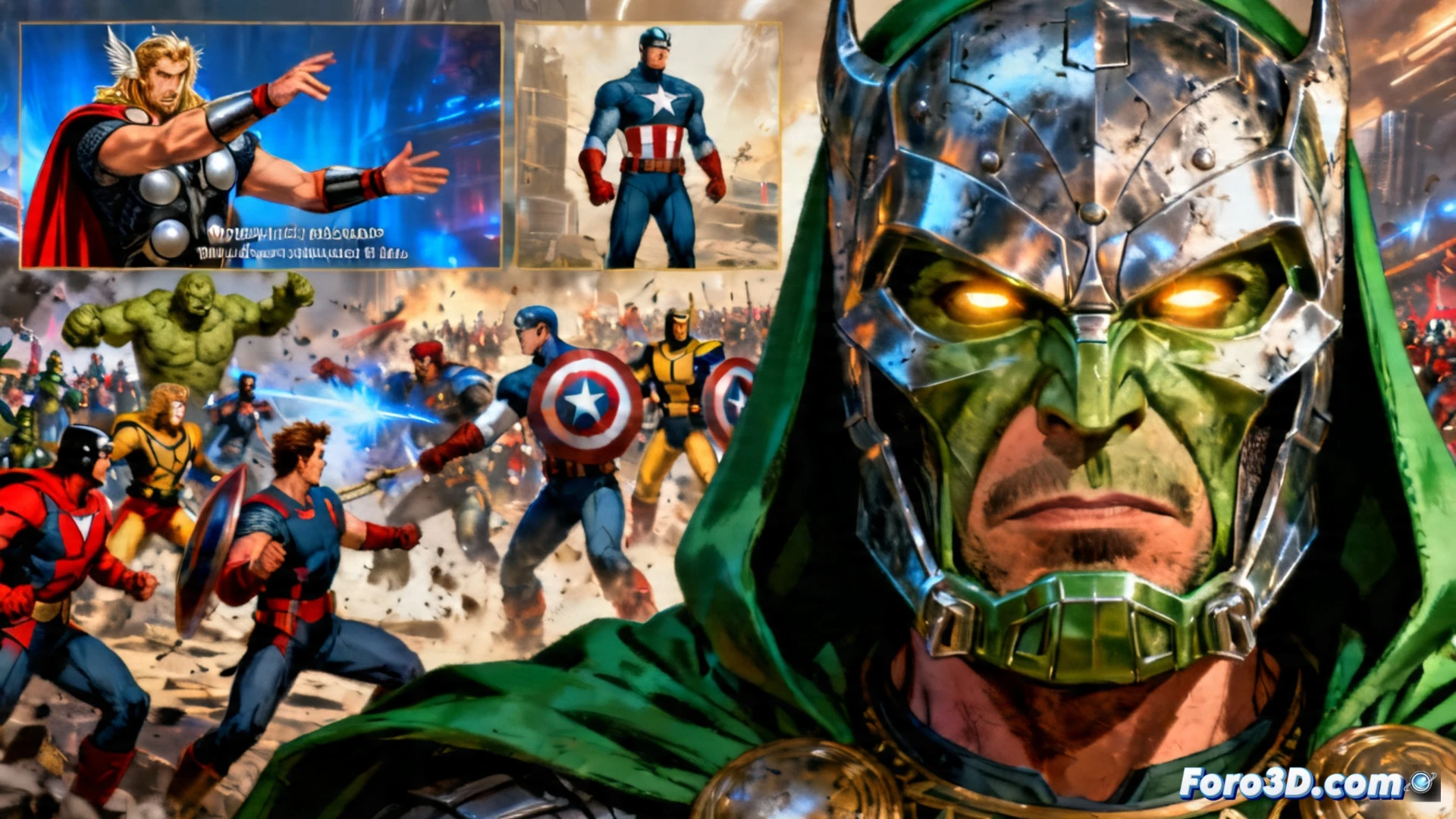 Un Doctor Doom clásico enfrenta a Vengadores y X-Men en un paisaje devastado.