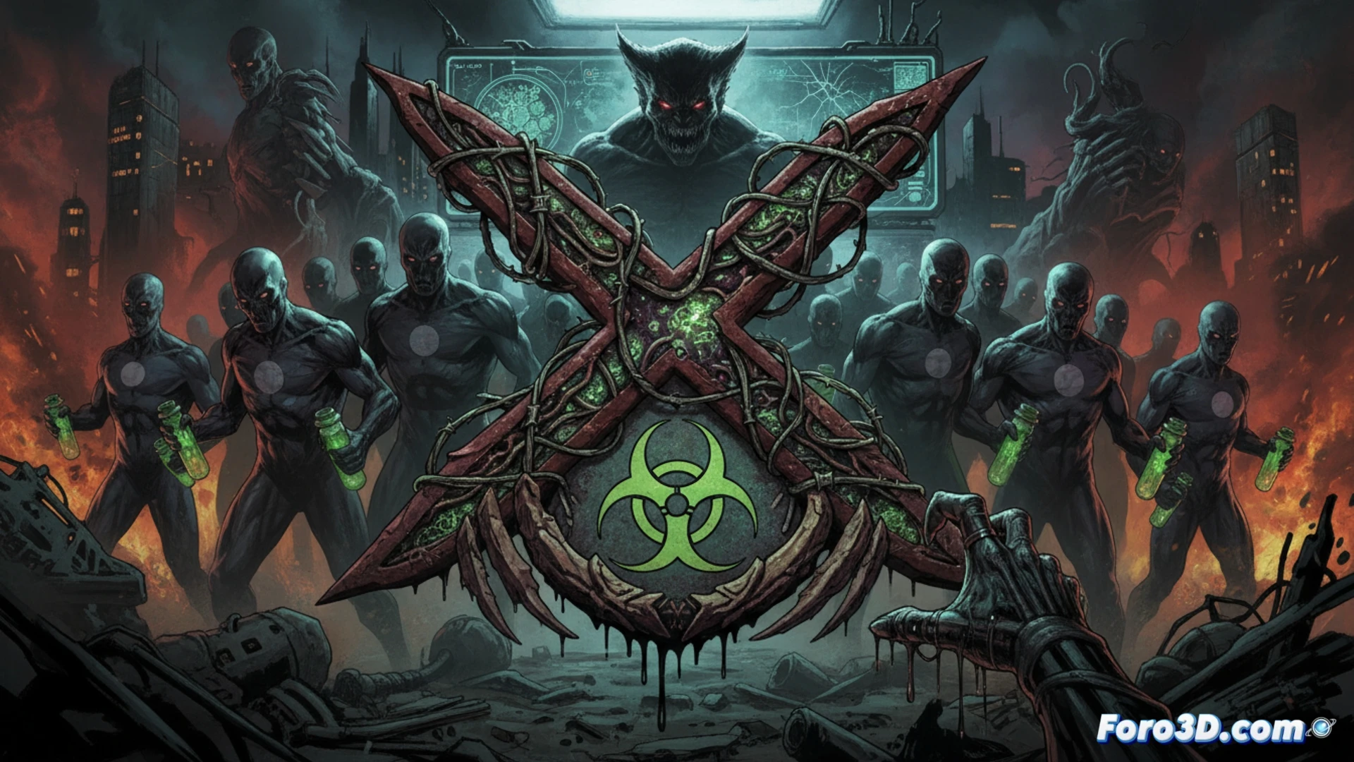 Un logo de los X-Men fracturado y oxidado, sobre un fondo oscuro y texturizado que sugiere decadencia y amenaza.