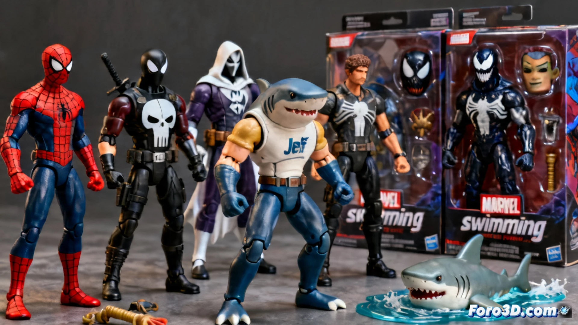 Figura de Jeff the Land Shark y Venom, de la línea Marvel Legends inspirada en Marvel Rivals.